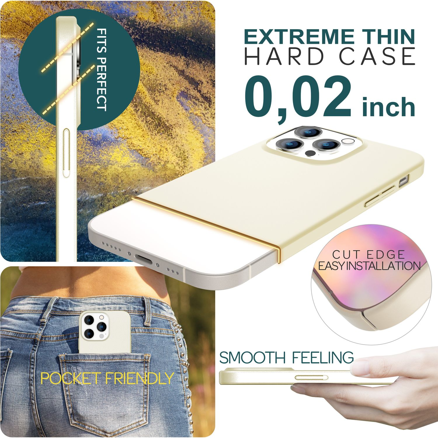 iPhone in einer cremefarbenen Hülle, mit Taschenansicht und Nahaufnahme der Kante der Hülle.