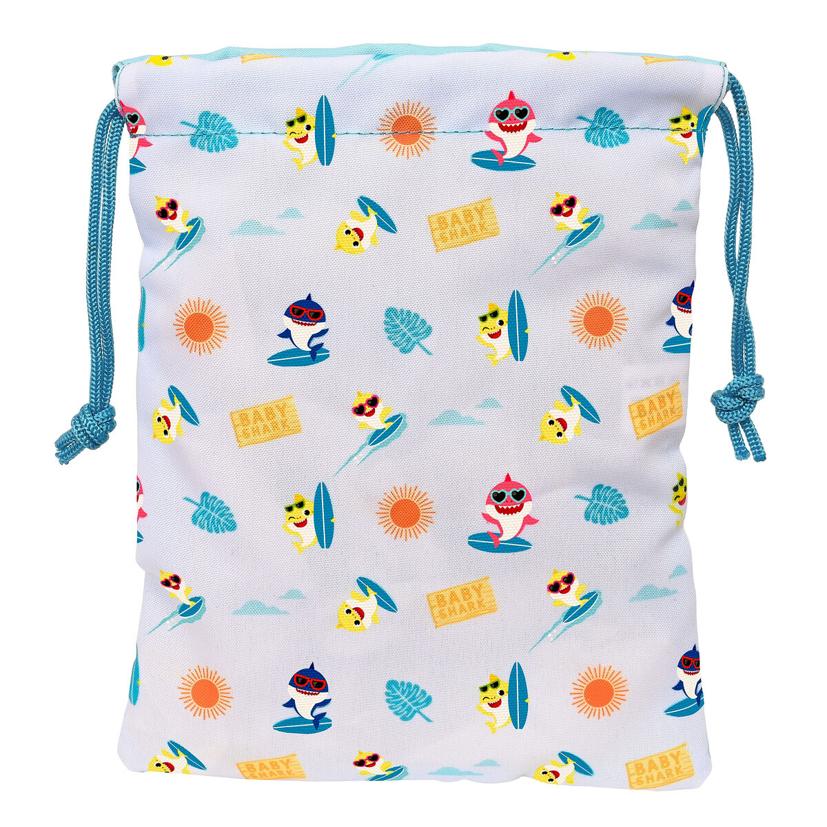 Weißer Kordelzugbeutel mit Baby Shark Figuren und Surfbrettern. Blauer Kordelzug und Hintergrund.