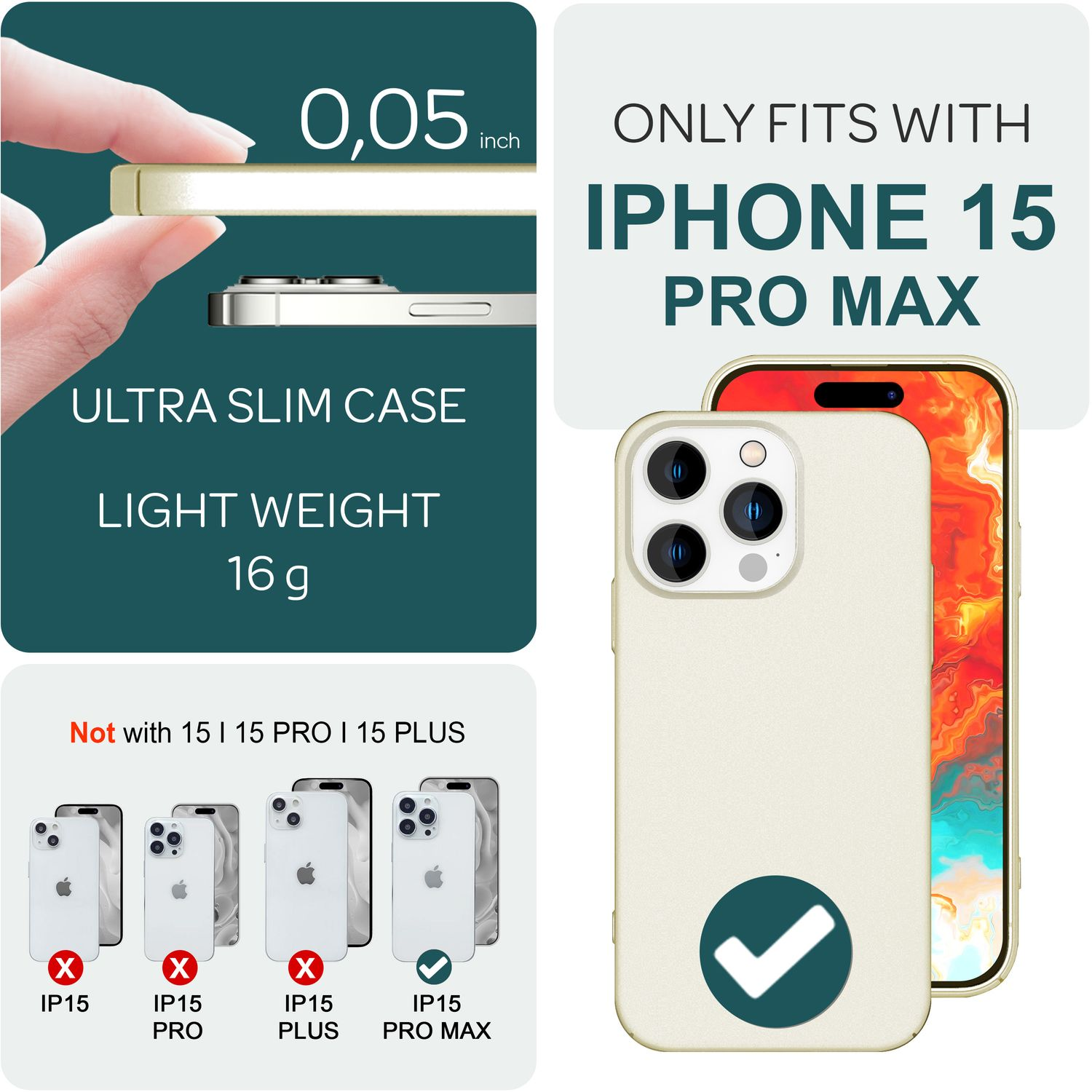 Eine Handyhülle und ein Telefon. Text: 'iPhone 15 Pro Max' mit einer ultradünnen Hülle.