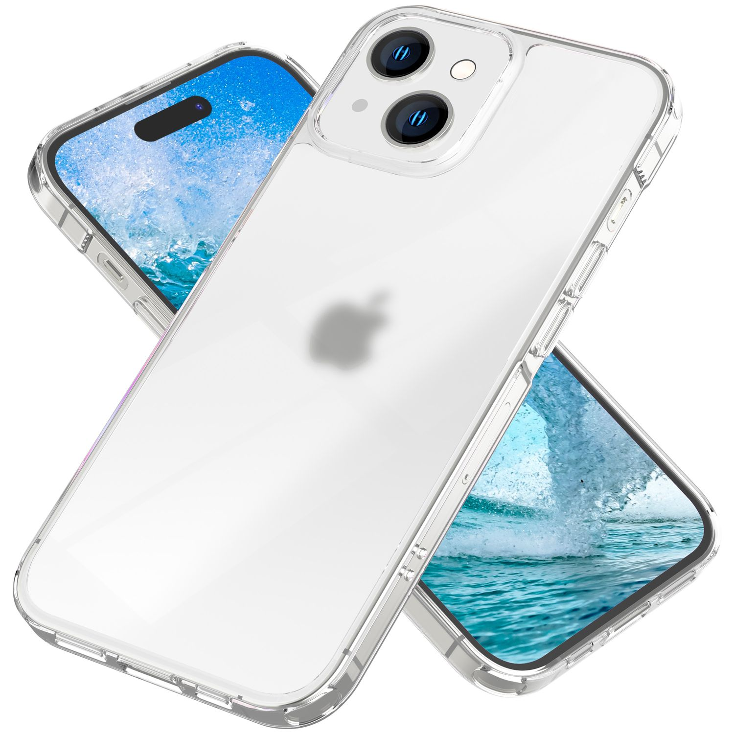 Transparente Handyhülle über einem Telefon. Das Telefon hat zwei Kameras und ein Apple-Logo.