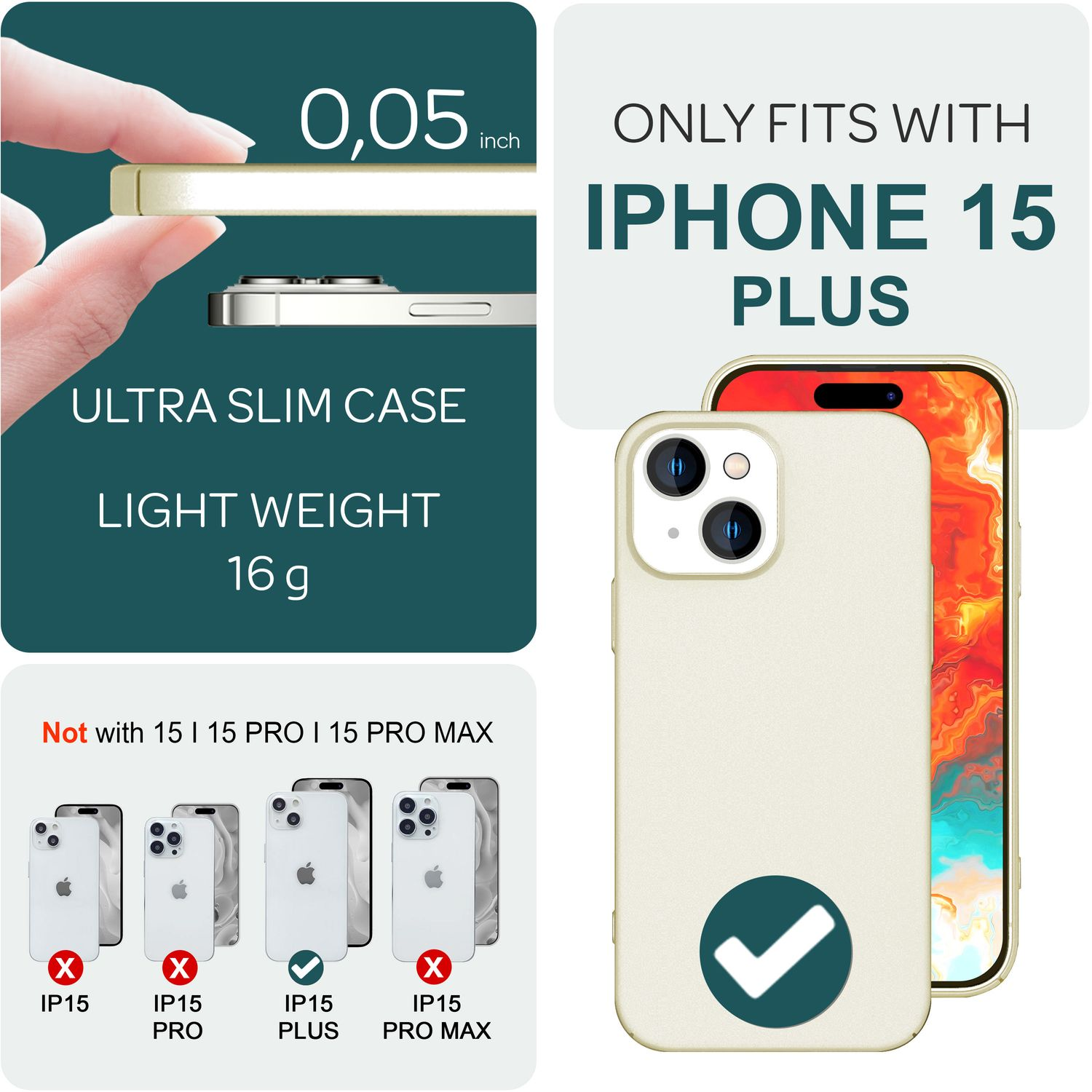 Weiße Handyhülle mit Haken, neben einem Telefon. Text: Nur für iPhone 15 Plus.