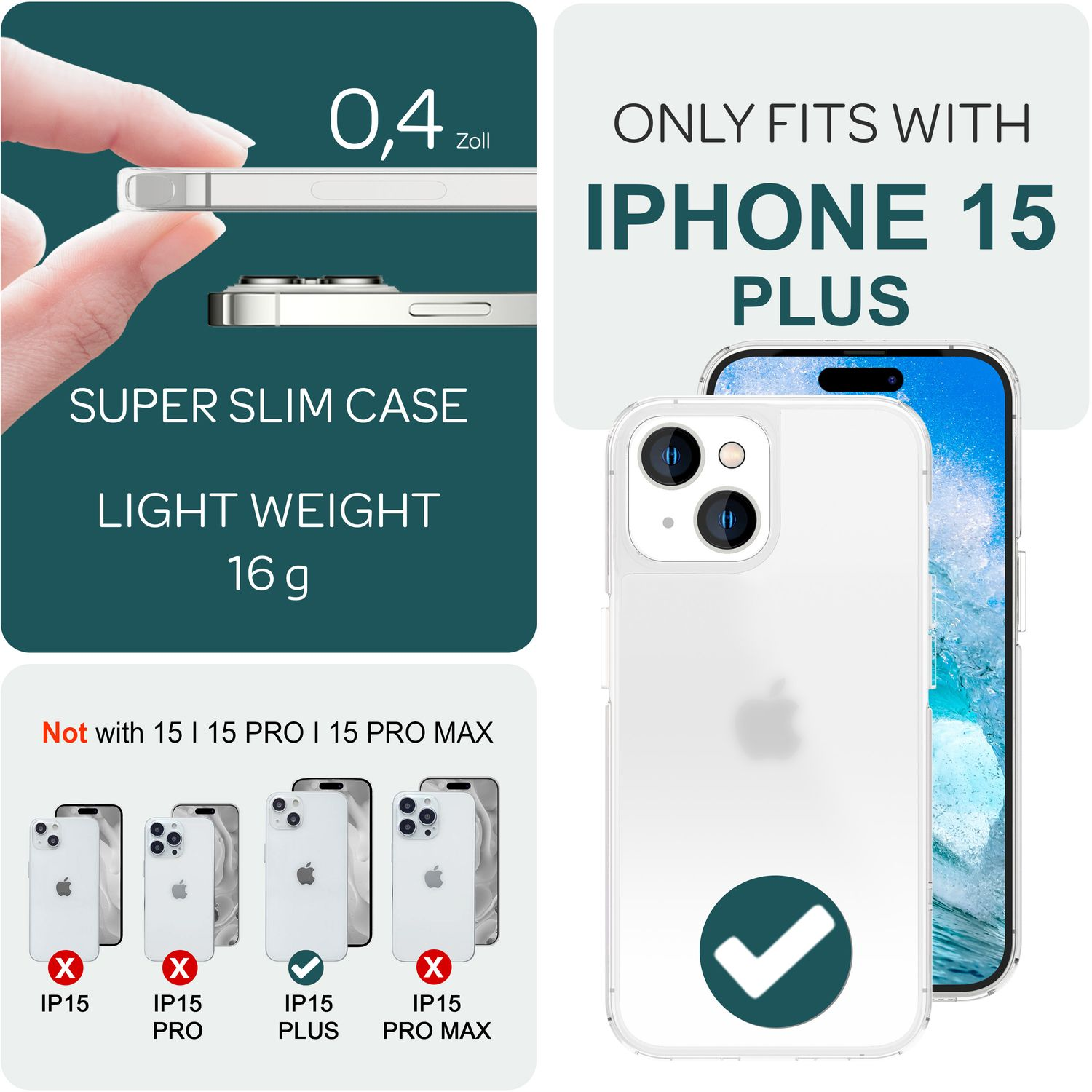 Weißes iPhone 15 Plus-Case mit Häkchen. Text hebt Funktionen hervor und erwähnt die Kompatibilität mit 'iPhone 15 Plus'.