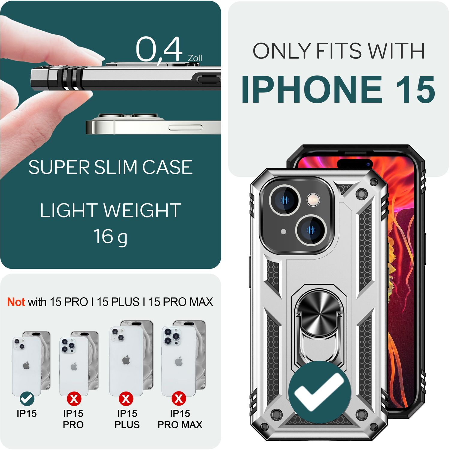 Funda plateada con soporte de anillo. Texto: 'SOLO COMPATIBLE CON IPHONE 15'. Fondo blanco.