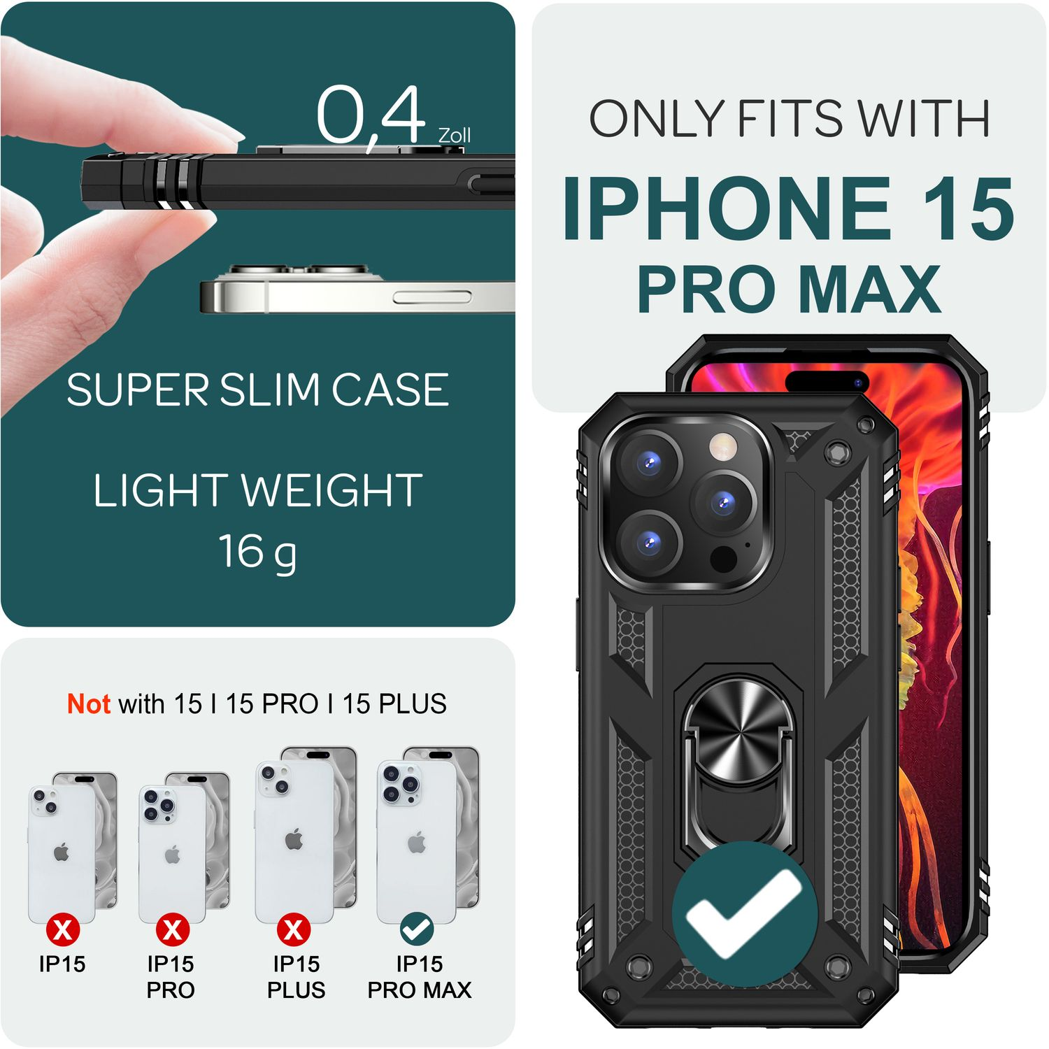 Funda negra para iPhone 15 Pro Max, mostrando el teléfono y la funda.