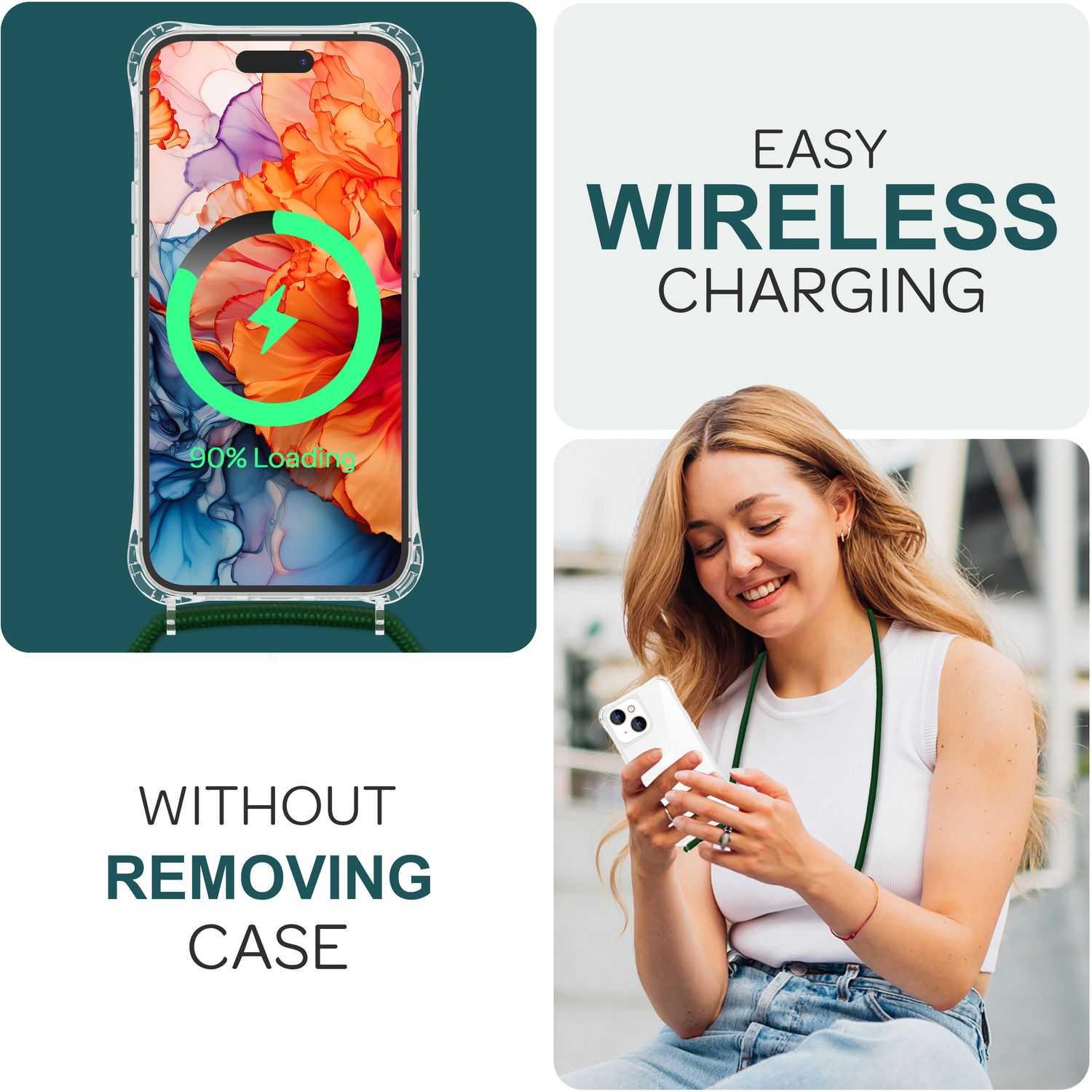 Una donna usa un telefono con una custodia, pubblicizzando la ricarica wireless facile e la custodia del telefono.