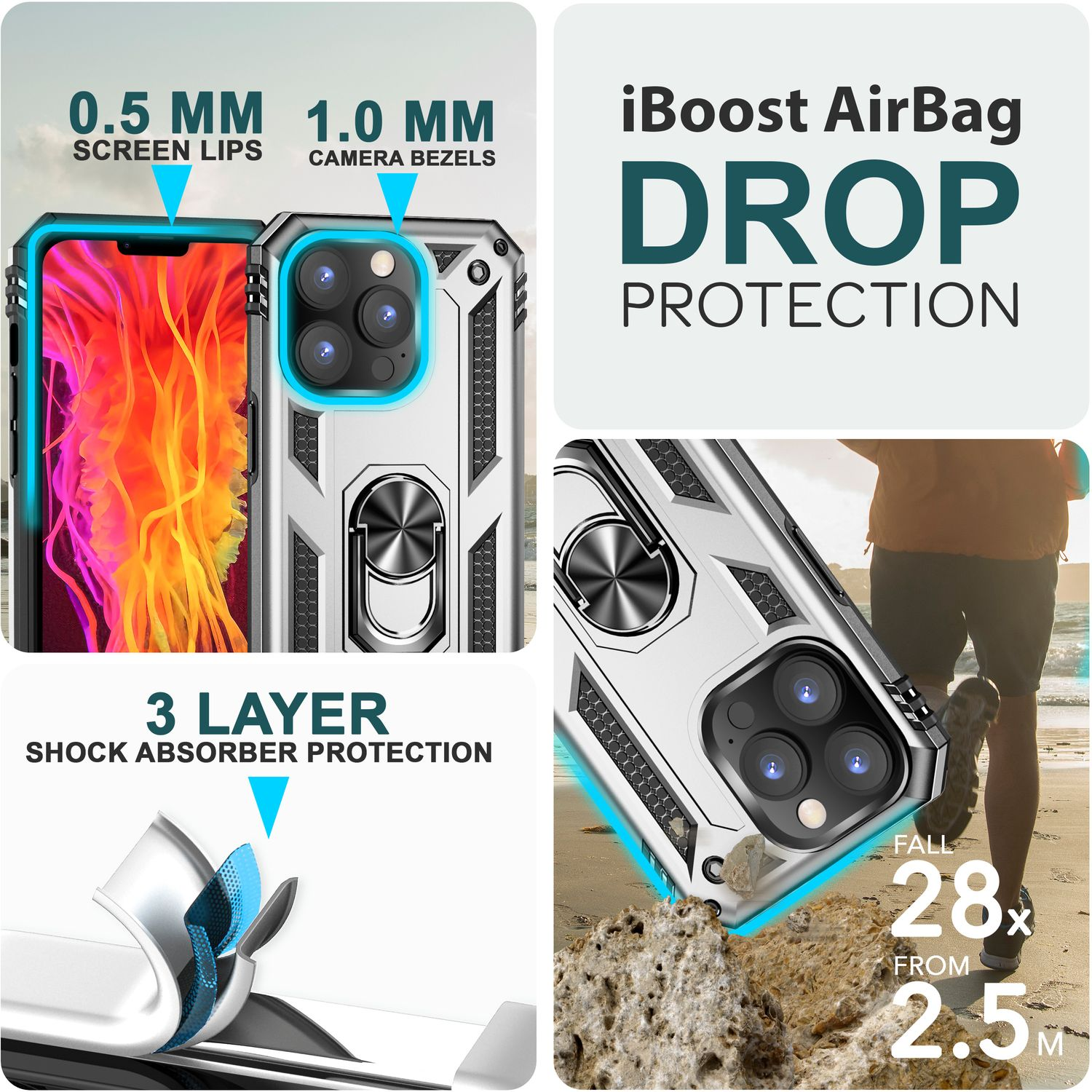 Una funda de teléfono con un teléfono dentro, mostrando las características de la funda. Texto: Protección contra caídas.