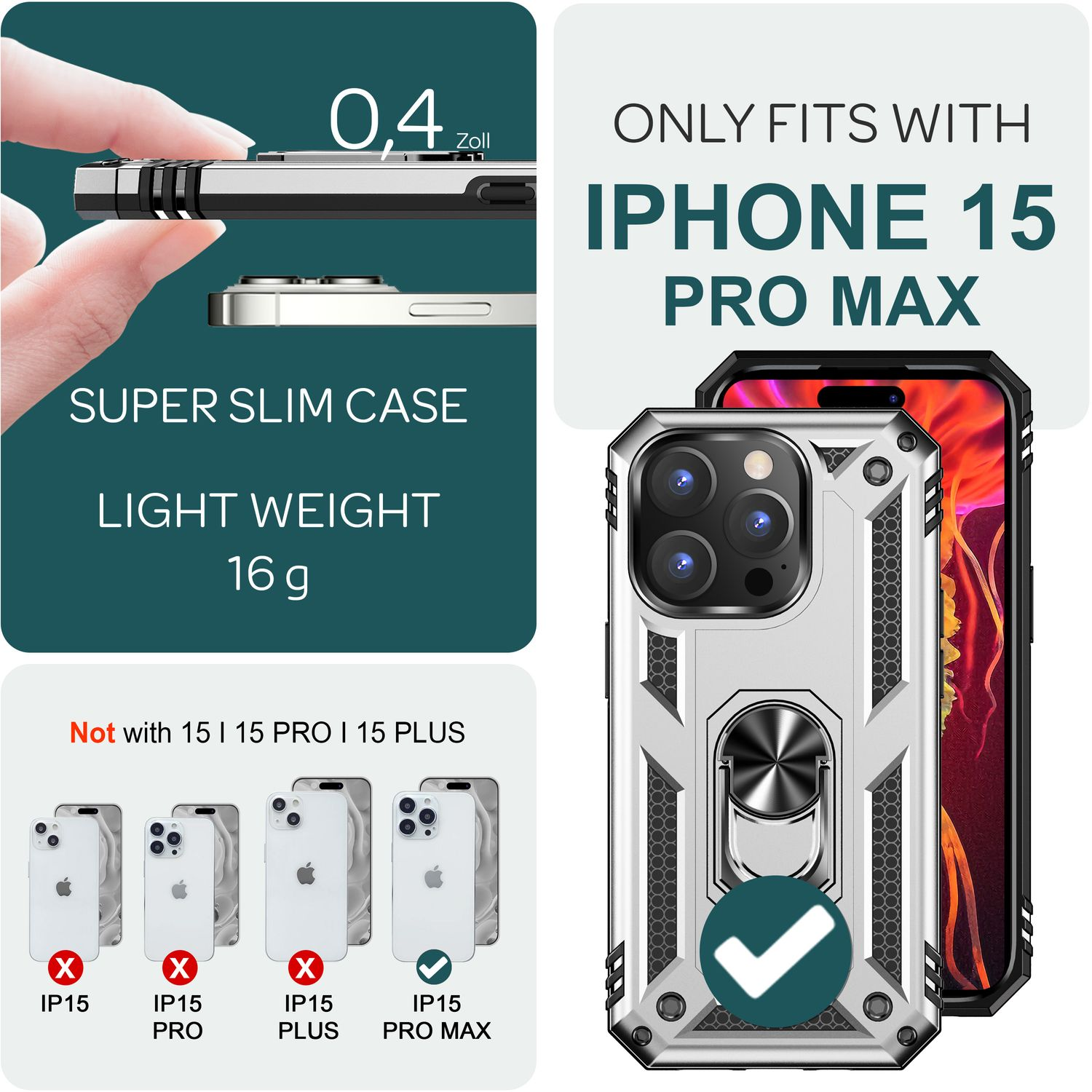Una exhibición de producto de funda para teléfono. Muestra la funda y el teléfono. Texto: iPhone 15 Pro Max. La funda es plateada.