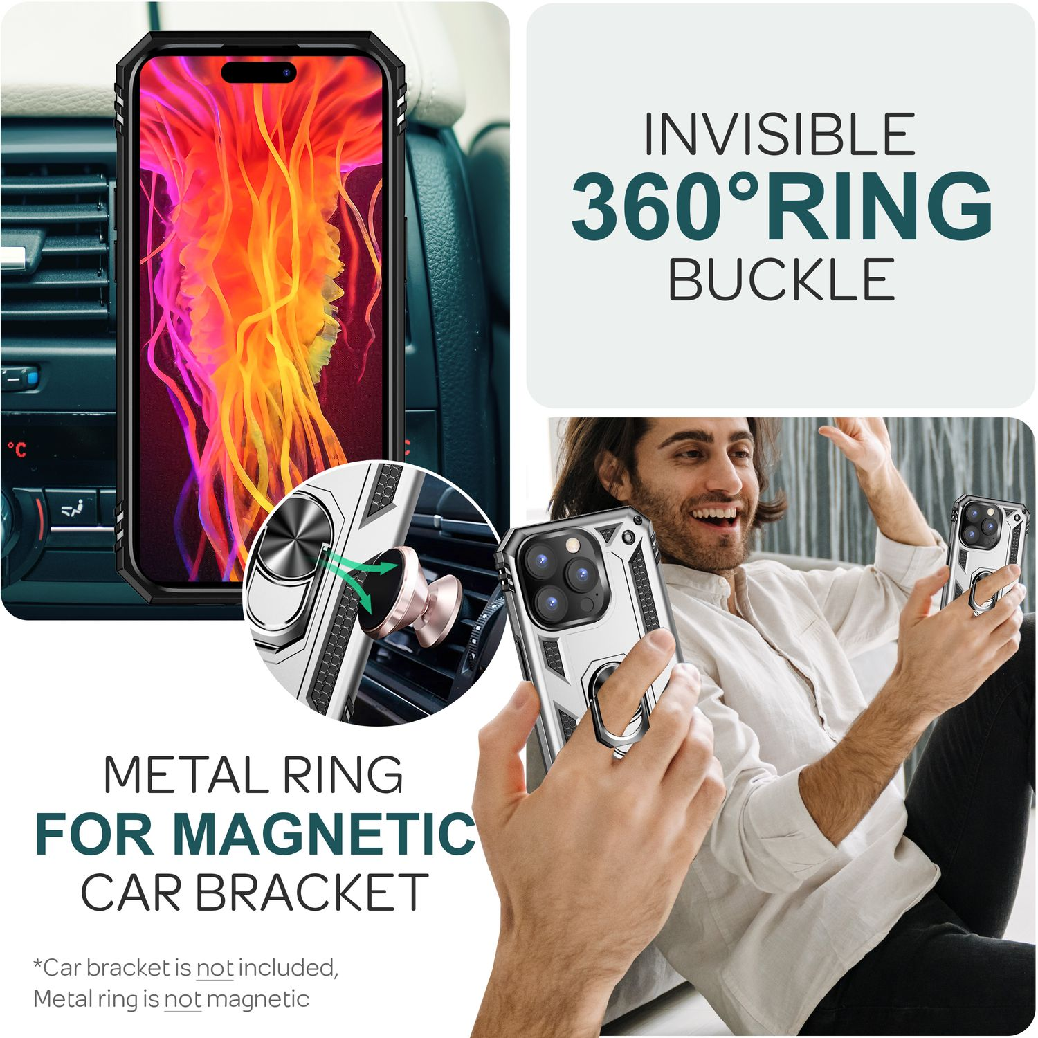 Teléfono con funda, anillo metálico para soporte de coche, persona sosteniendo el teléfono.