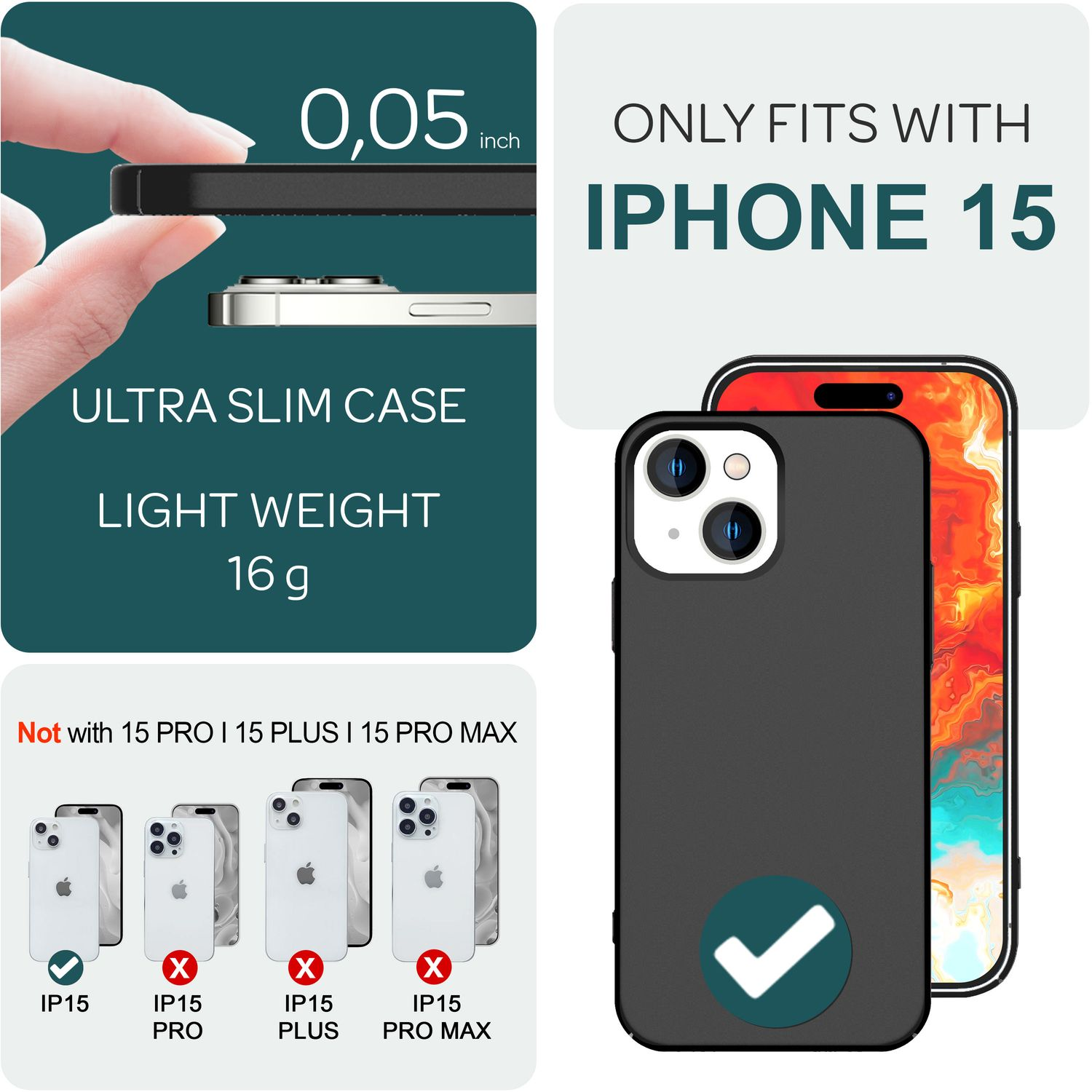 Una custodia per iPhone 15 con testo: Ultra sottile, leggera 16g. Mostra la compatibilità con iPhone 15.
