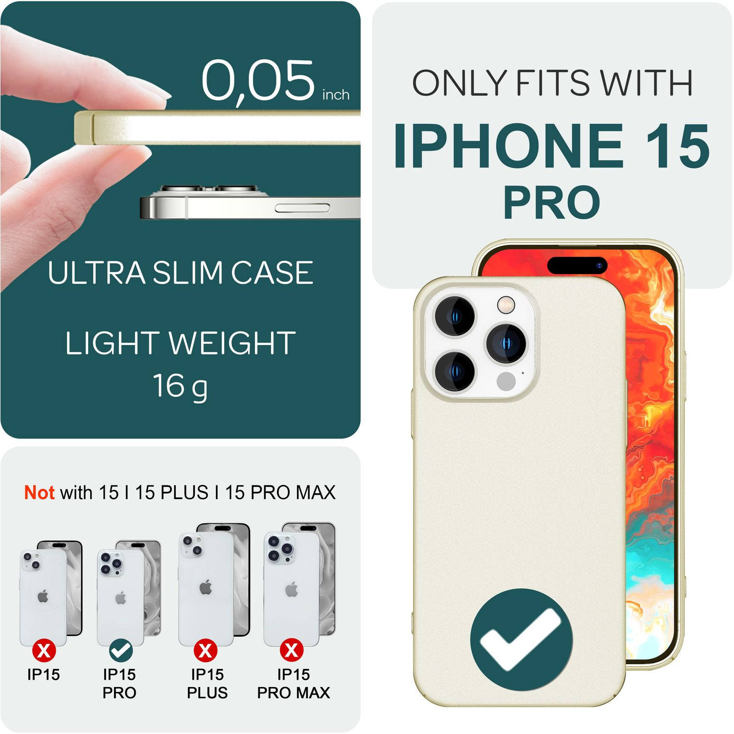 Bild mit Text: Ultra Slim Case, iPhone 15 Pro und eine Handyhülle.