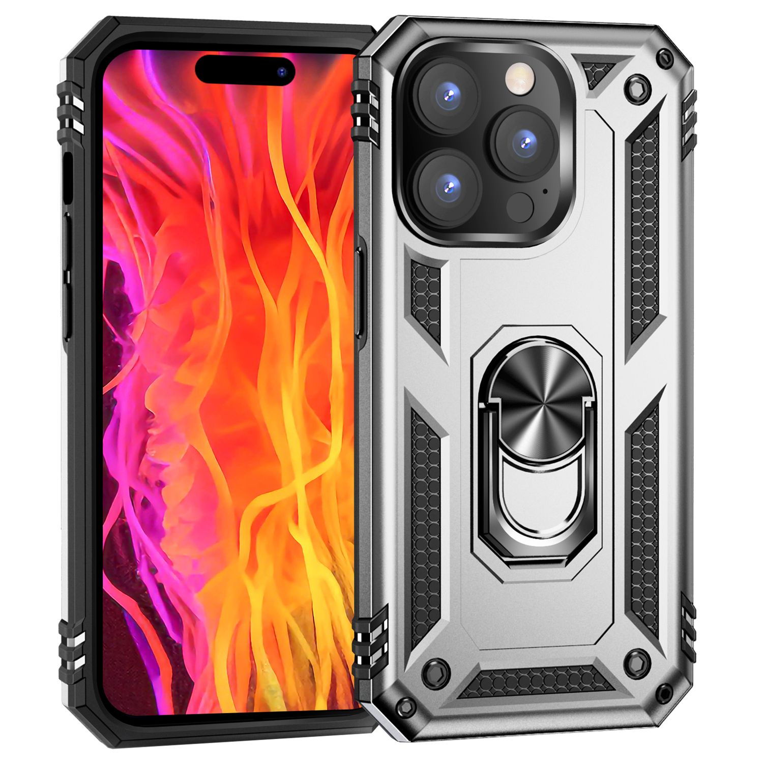 Teléfono con funda a la izquierda. La funda es plateada y negra con un anillo. La pantalla tiene diseño colorido.