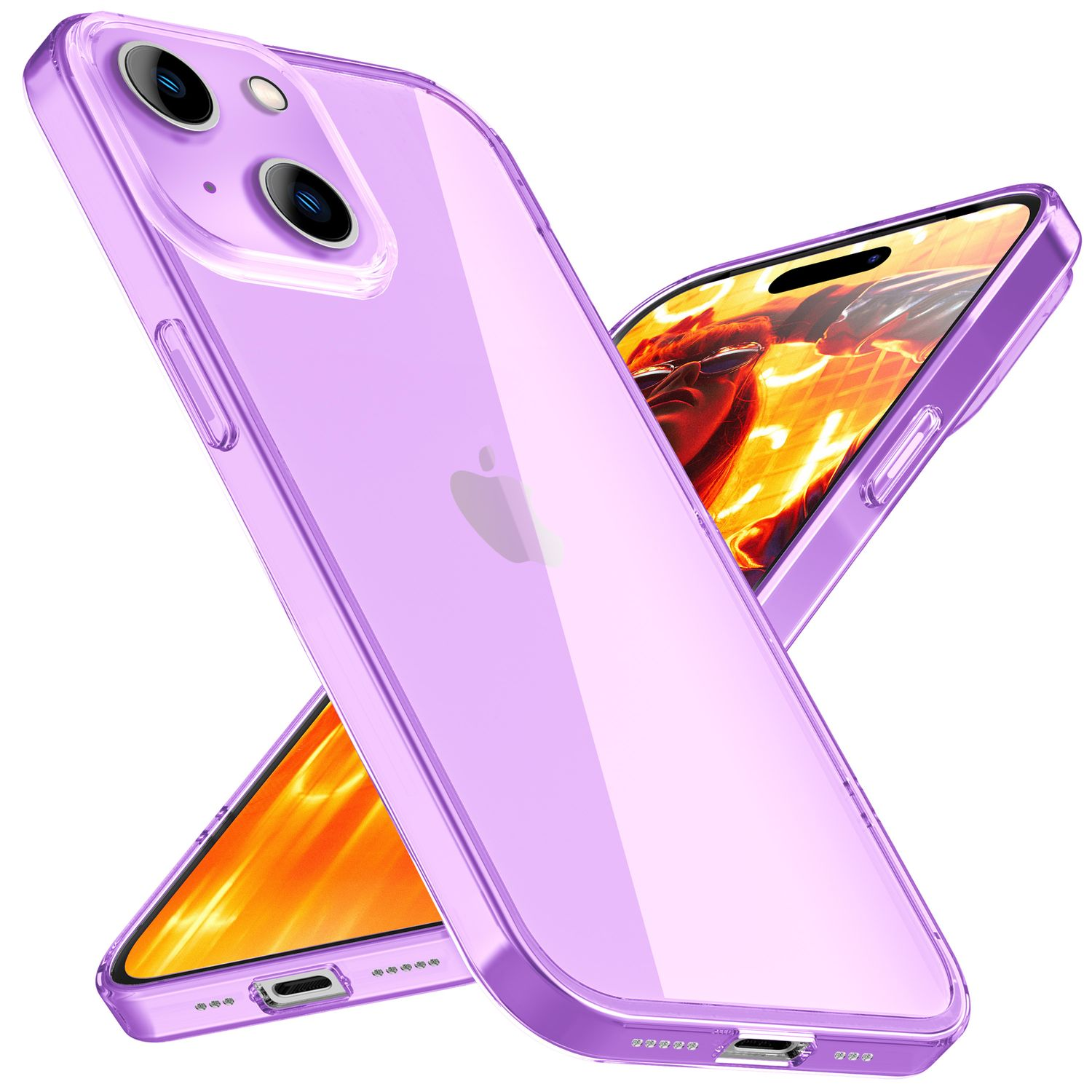 Una funda transparente para iPhone. La funda es morada y muestra los detalles del teléfono.