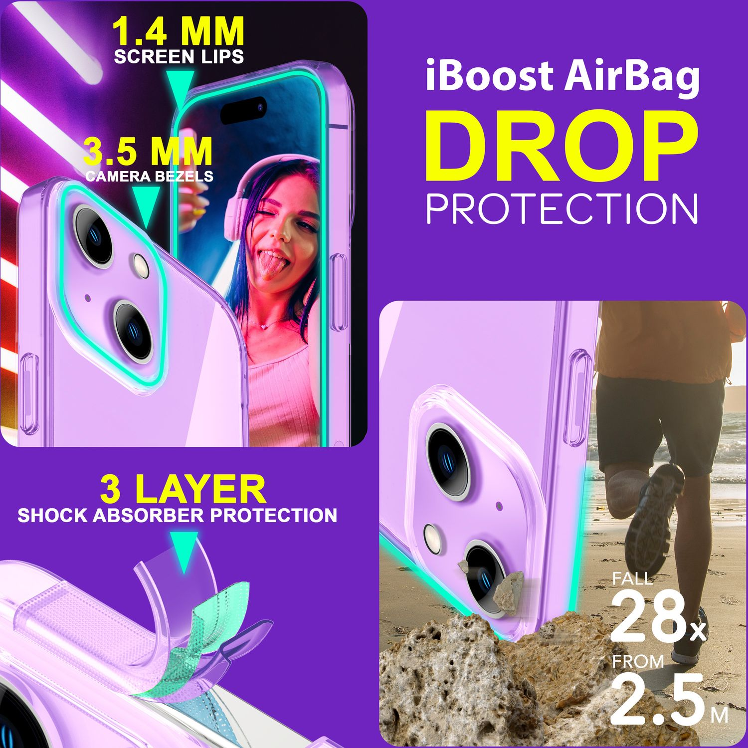 Imagen que muestra las características de la funda del teléfono. Se muestra un teléfono con una mujer sacando la lengua y un hombre corriendo en la playa.