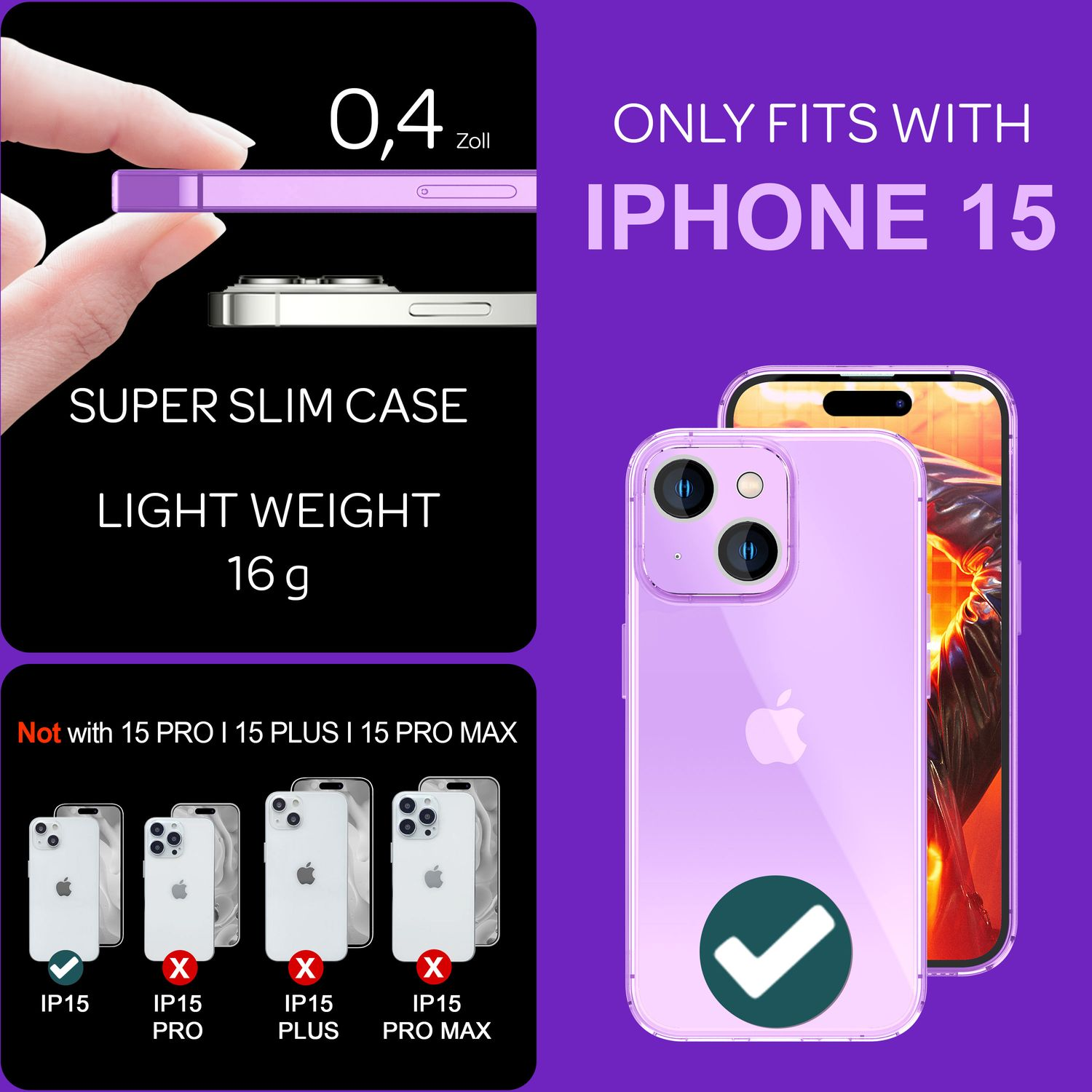 Une coque de téléphone violette. Elle indique que l'étui ne convient qu'à l'iPhone 15 et qu'il est super fin et léger.