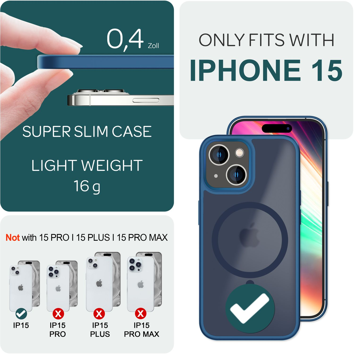 Coque de téléphone bleue avec une coche, à côté d'un téléphone. Uniquement pour iPhone 15.