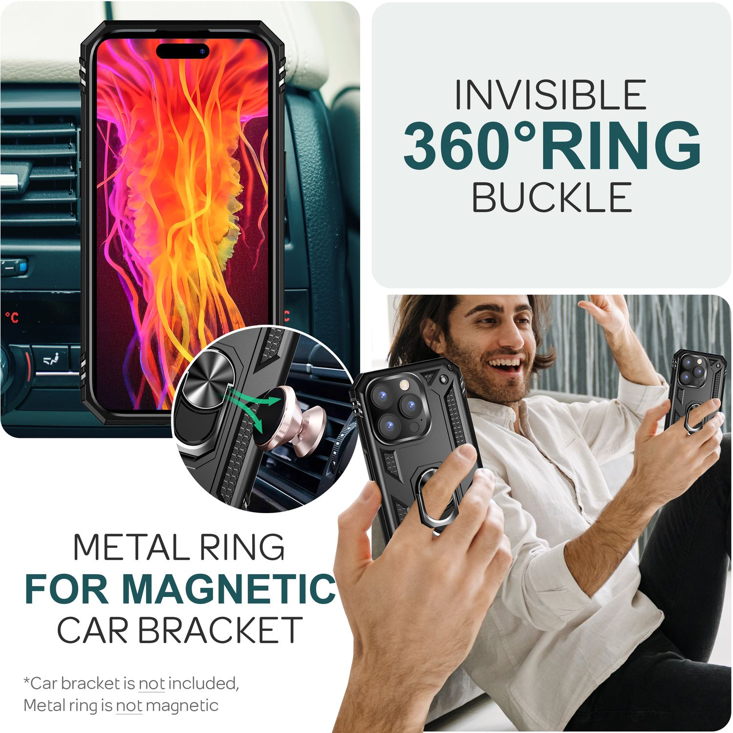 Funda de teléfono con anillo metálico, soporte para coche y hombre sosteniendo el teléfono. Texto: Invisible 360°Ring Buckle.