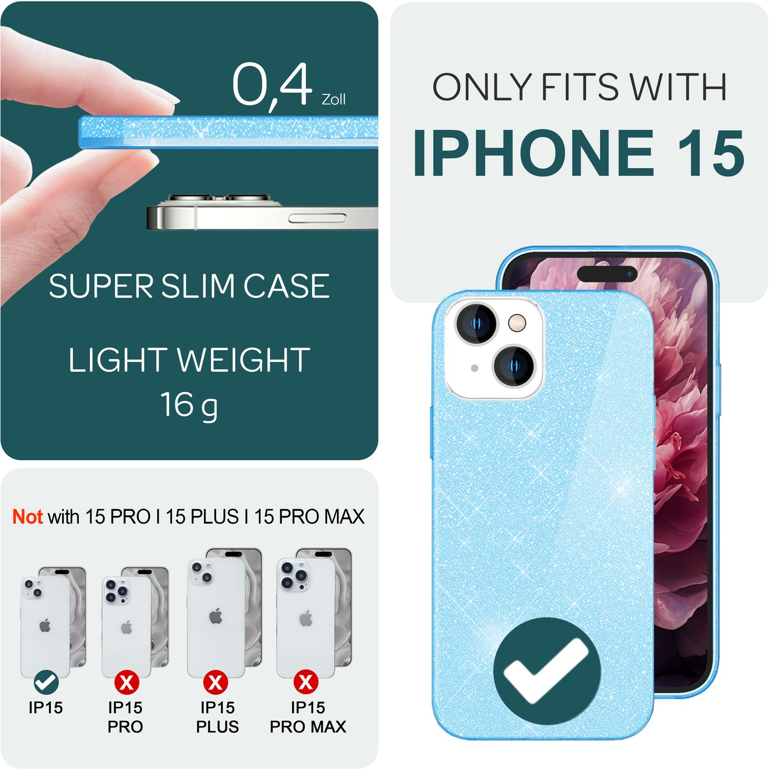 Blaue Handyhülle mit Glitzer, passend für iPhone 15, nicht PRO oder PRO MAX.