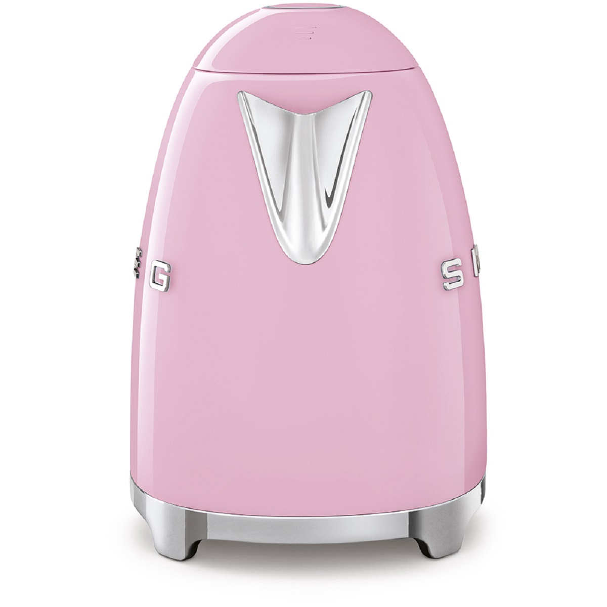 Ein rosa Smeg-Wasserkocher mit silbernem Ausguss und Sockel, isoliert auf Weiß.