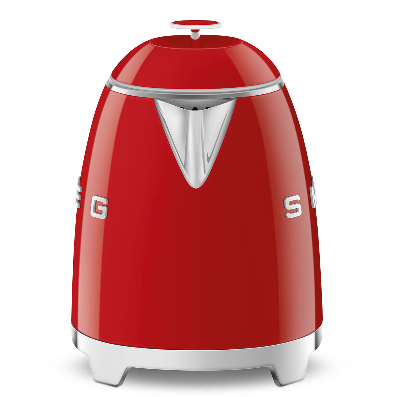 Roter Smeg Wasserkocher. Abgerundetes Design mit silbernem Ausguss und Griff. Weißer Sockel und oberer Knopf.