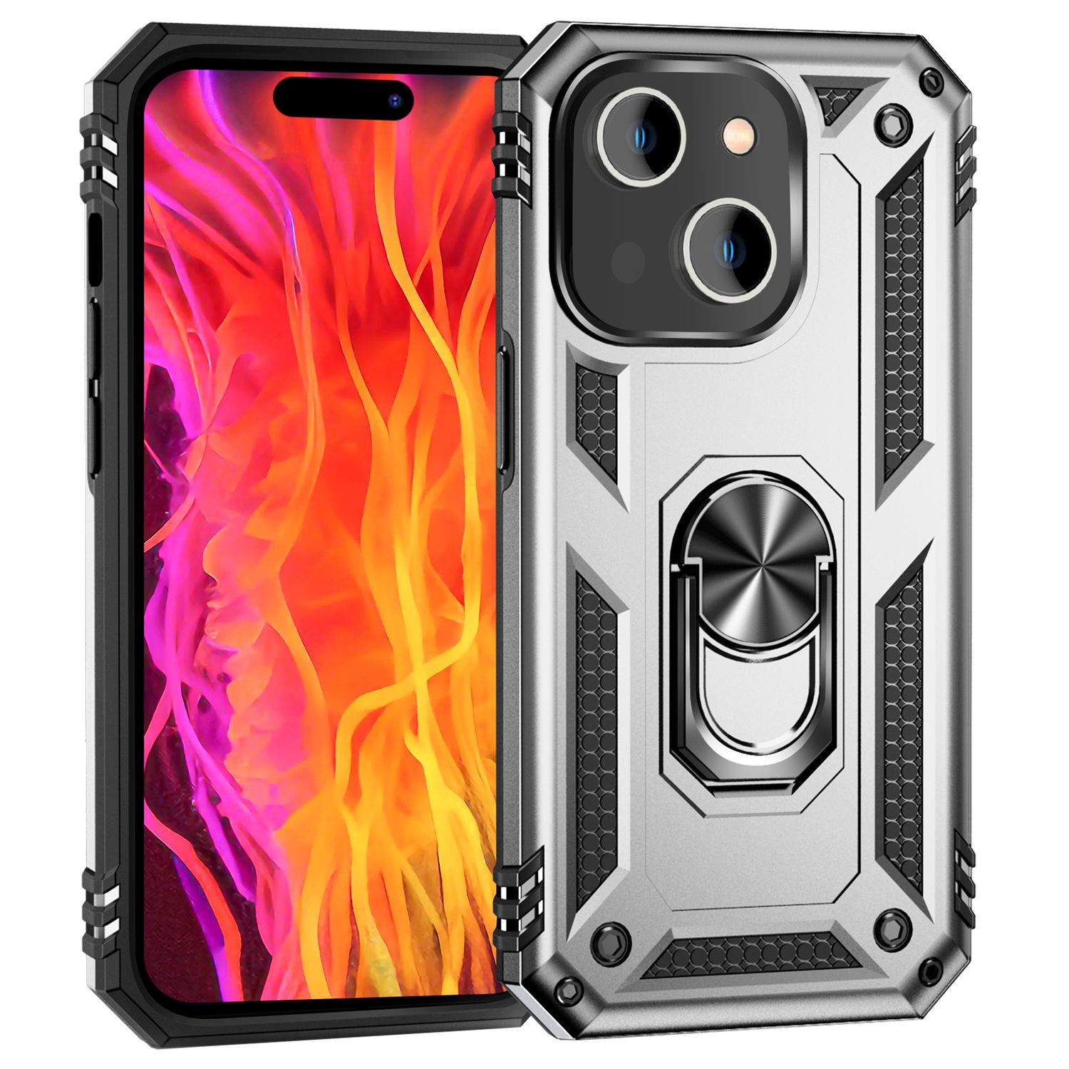 Funda de teléfono con agarre metálico y un teléfono. El teléfono muestra un fondo colorido.