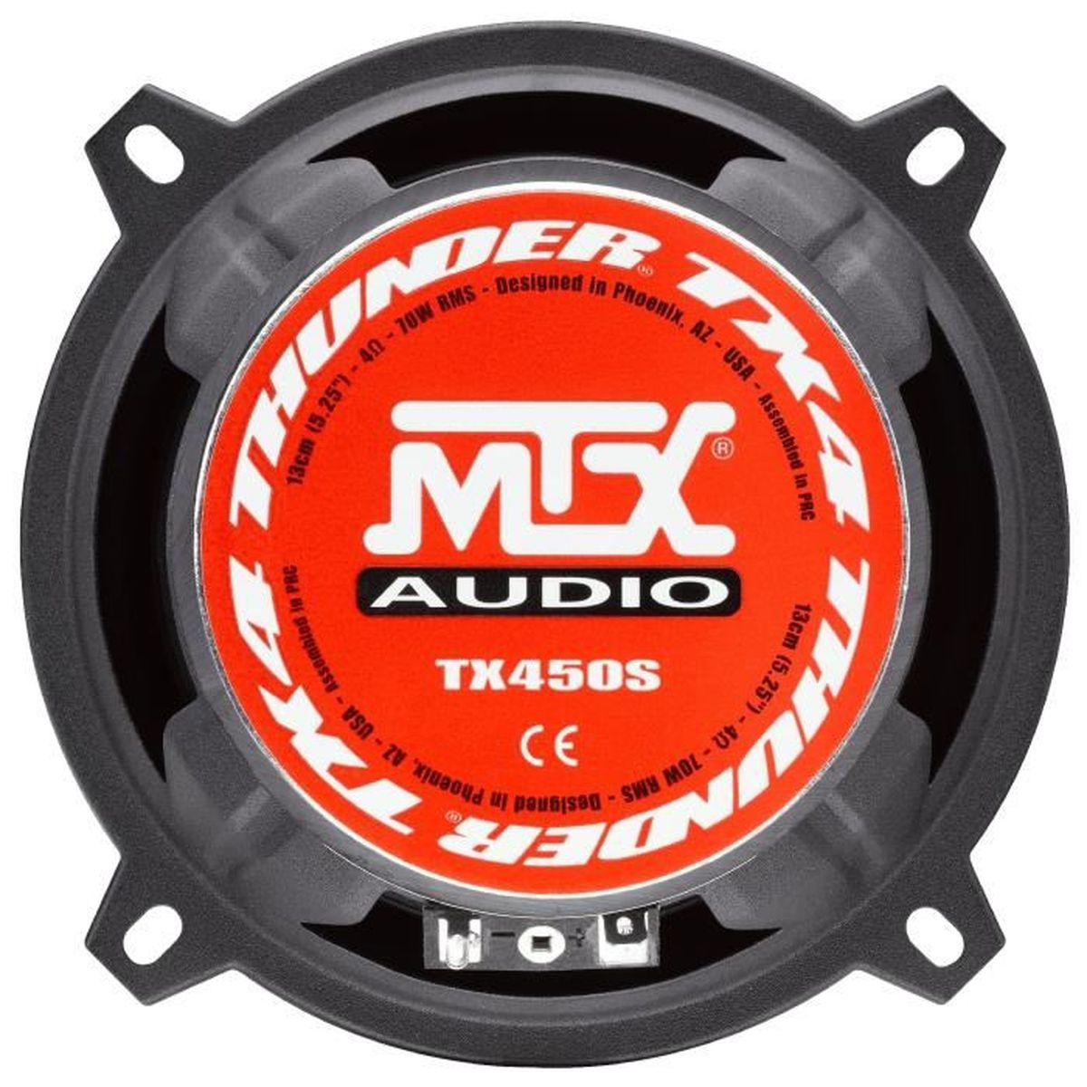 MTX Audio Lautsprecher mit roten und schwarzen Details.