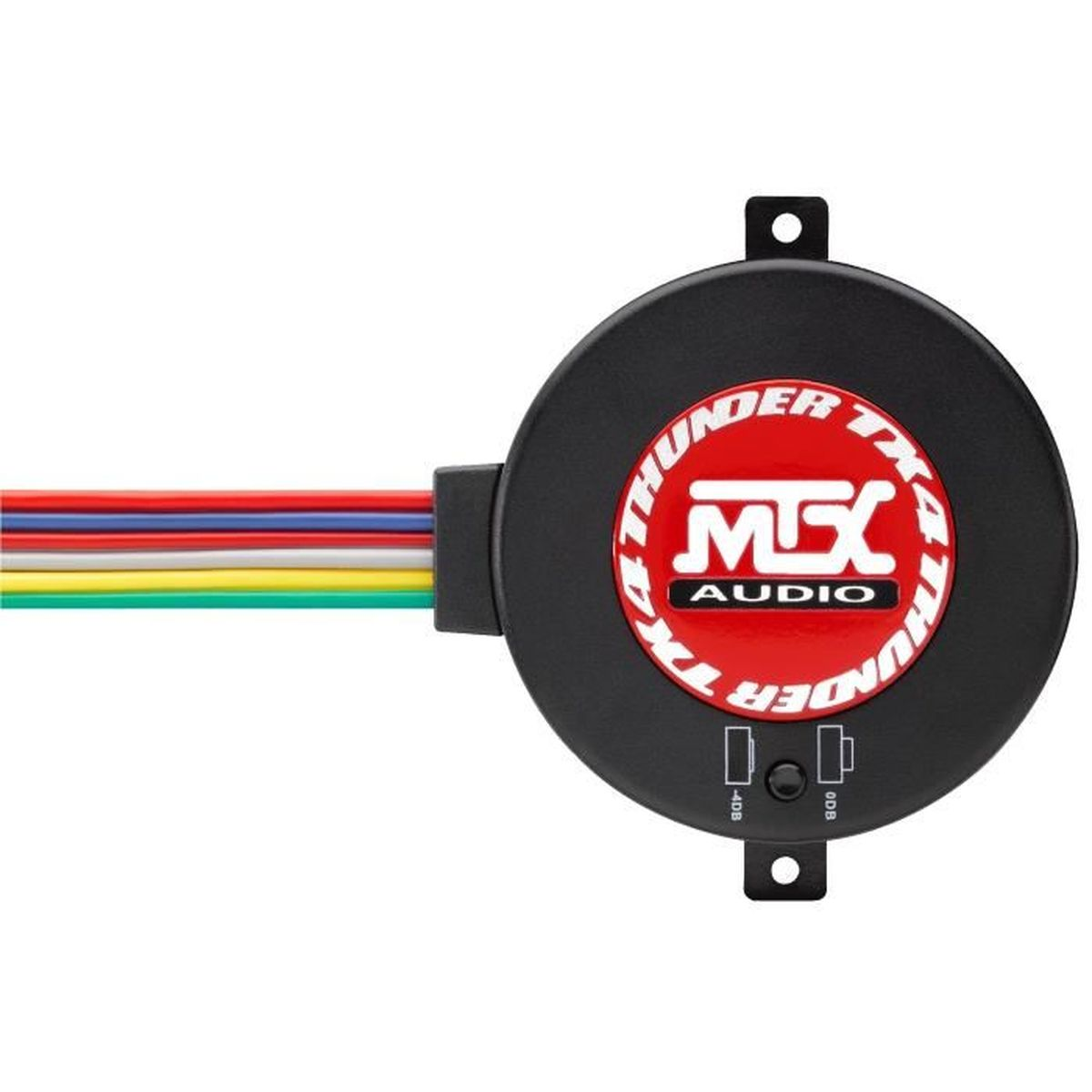Ein schwarzes rundes Gerät mit dem Text MSX AUDIO und THUNDER TX4. Verschiedenfarbige Drähte erstrecken sich.