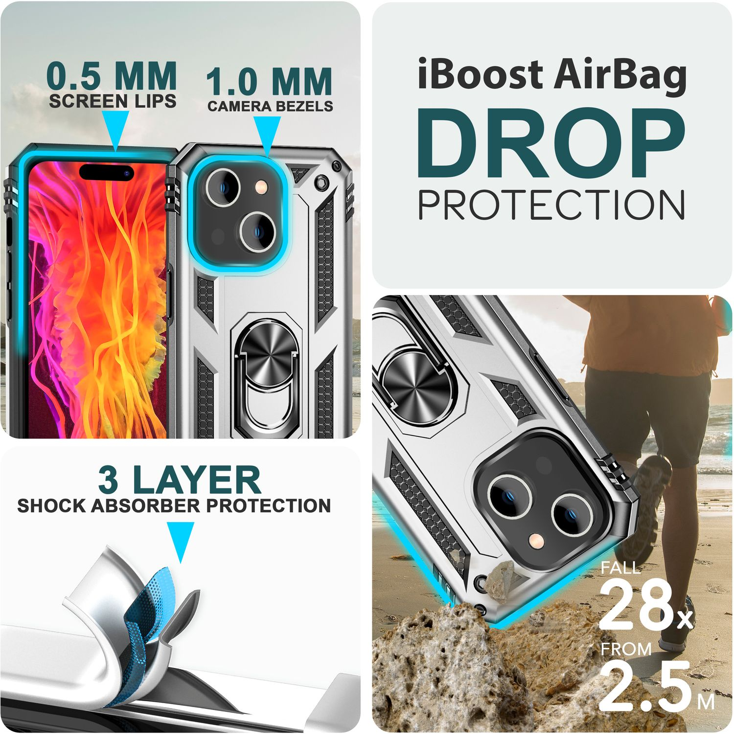 Funda de teléfono con características de protección, destacando la protección de pantalla y cámara.