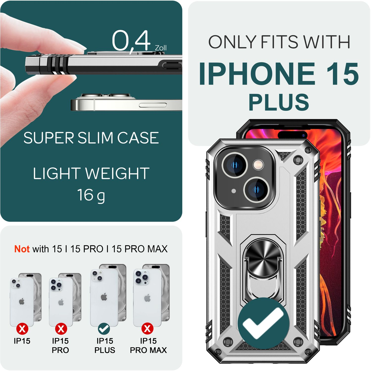 Funda plateada para teléfono con un anillo y un teléfono dentro. Texto: iPhone 15 Plus, no para otros modelos.
