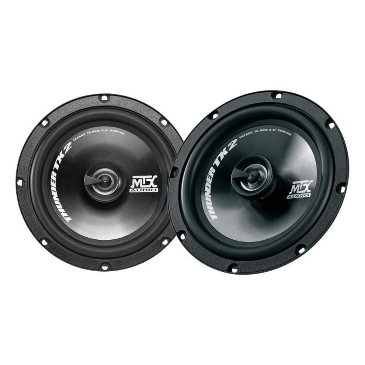 Zwei schwarze Autolautsprecher mit dem Logo 'MXT AUDIO' auf weißem Hintergrund. Die Lautsprecher sind rund.