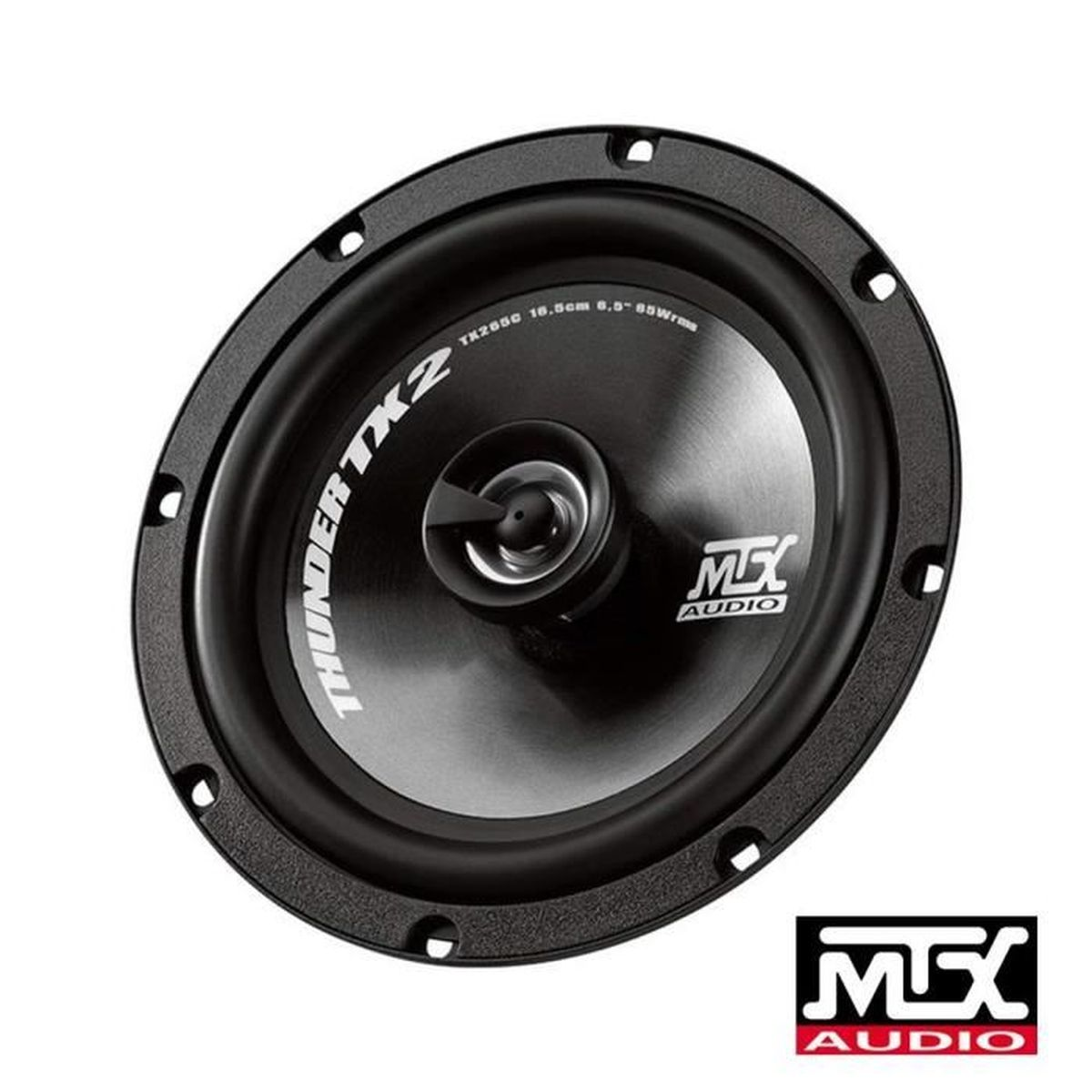 Schwarzer Autolautsprecher mit schwarzer Einfassung und dem Markennamen MTX AUDIO auf der Vorderseite.