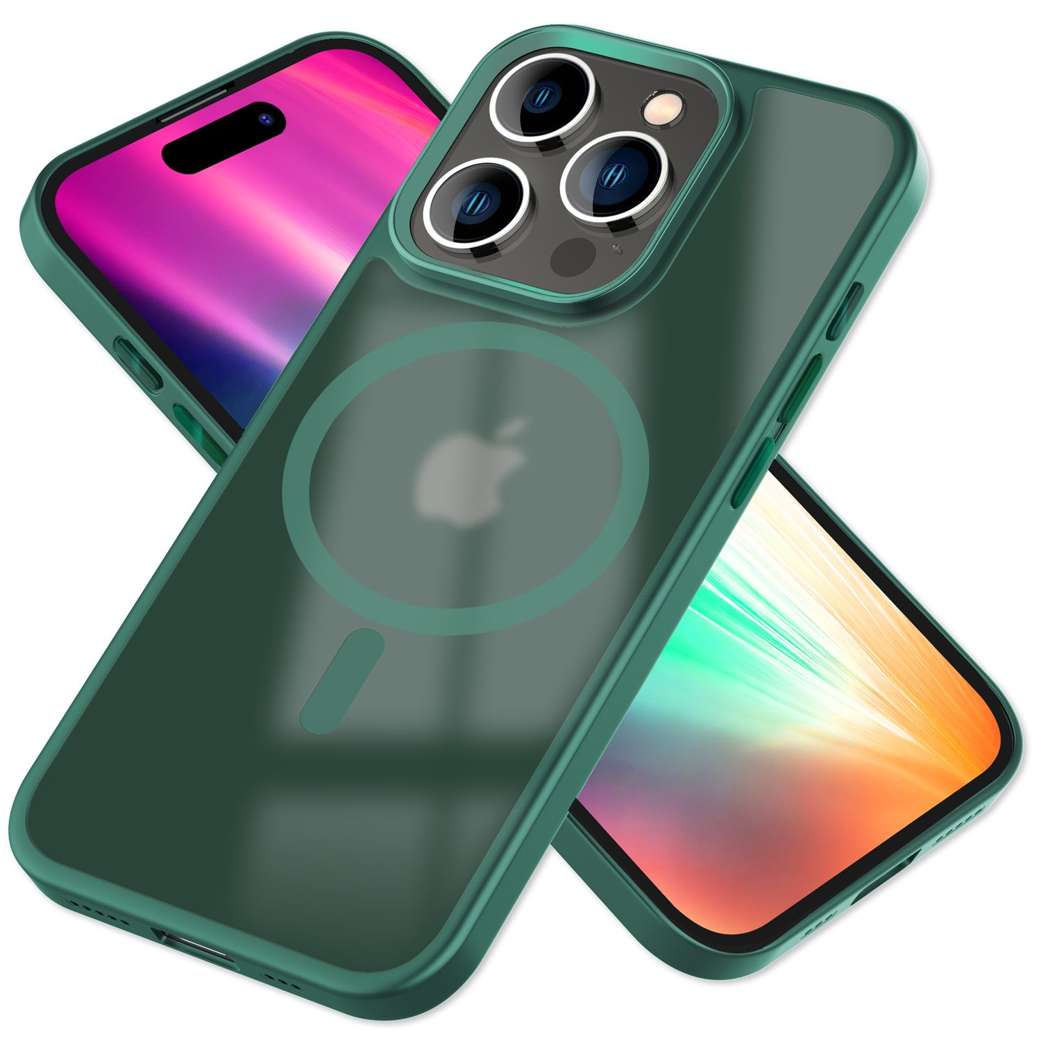 Grüne Handyhülle auf einem Telefon, mit transparentem Rücken, das Apple-Logo ist sichtbar.