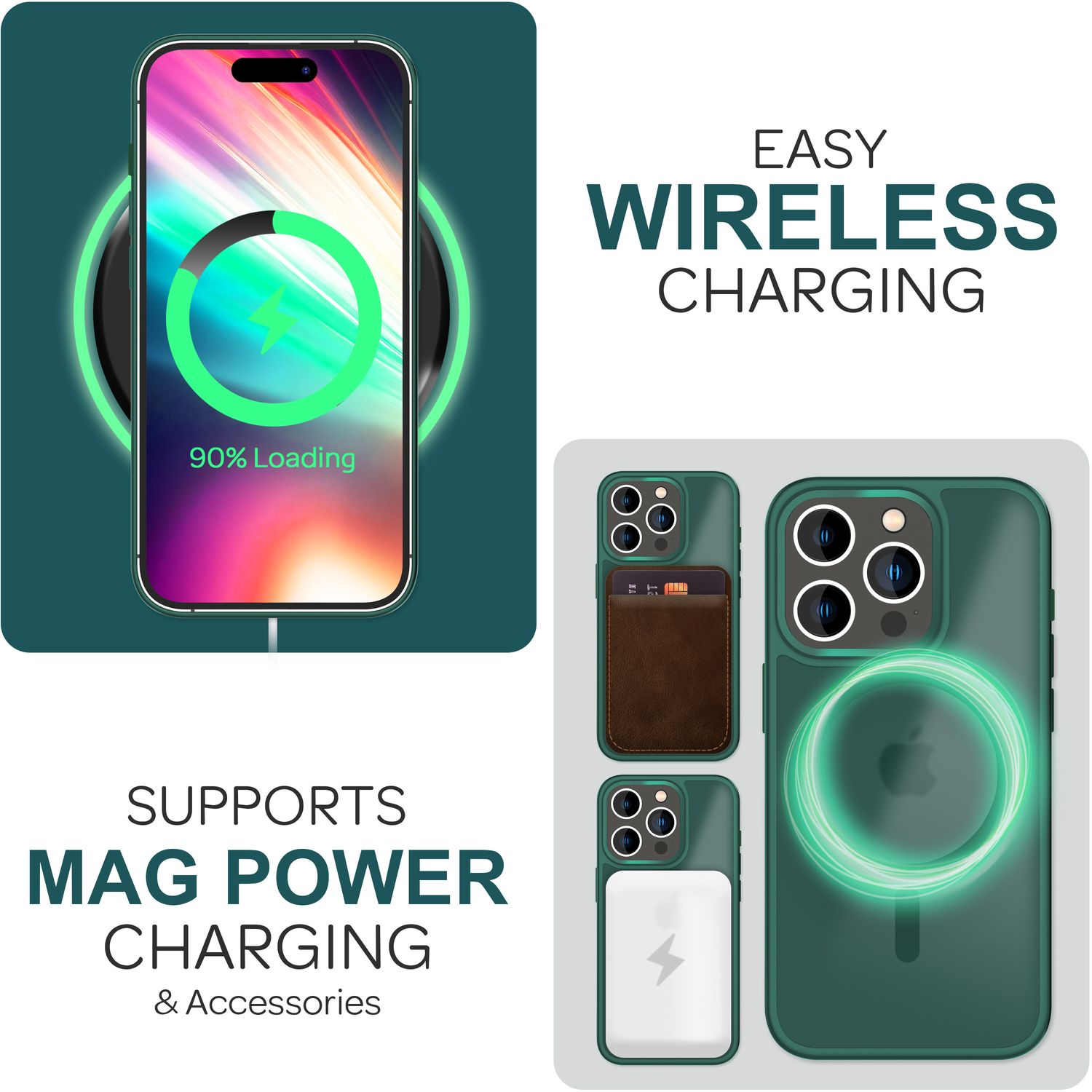 Kabelloses Ladegerät mit Telefon. Telefon zeigt 90% Ladung. Mag Power Laden wird unterstützt, mit Zubehör.