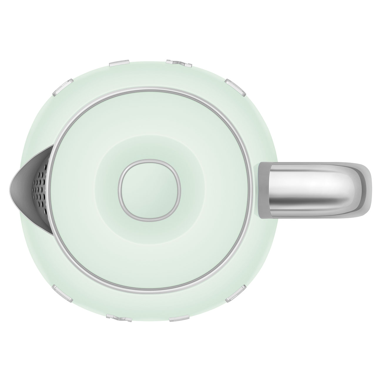 Draufsicht auf einen mintgrünen Wasserkocher mit silbernem Griff und Akzenten. Ein kreisförmiges Design mit zentralem Ausguss.