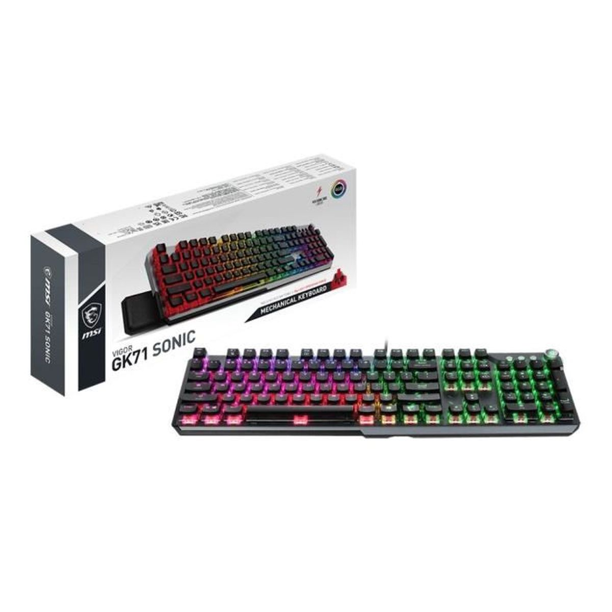 Klawiatura mechaniczna MSI GK71 Sonic w pudełku i poza nim. Podświetlenie RGB na klawiszach. Pudełko ze zdjęciem klawiatury.