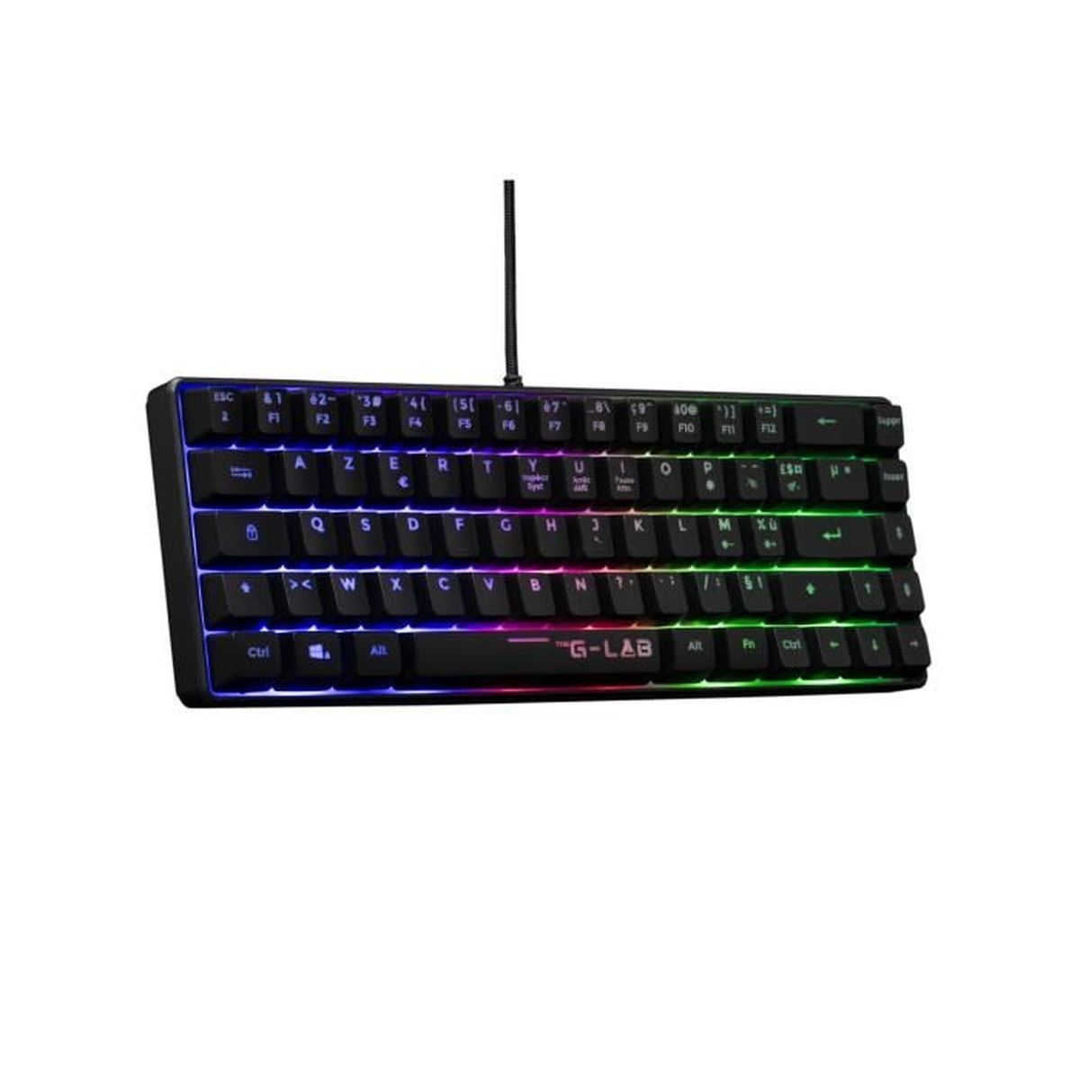 Teclado compacto con iluminación RGB y carcasa negra.