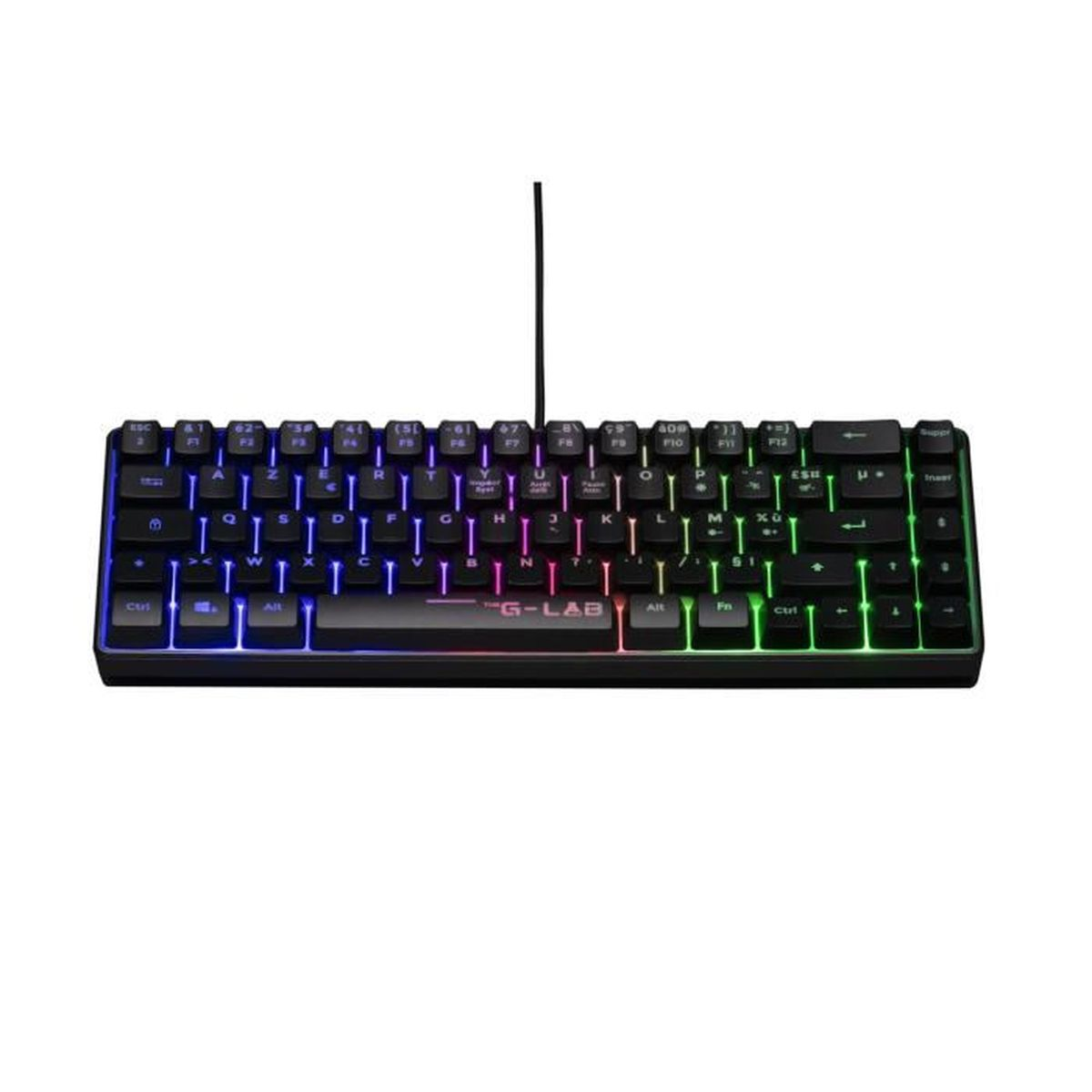 Un teclado negro con iluminación RGB y logo G-LAB.