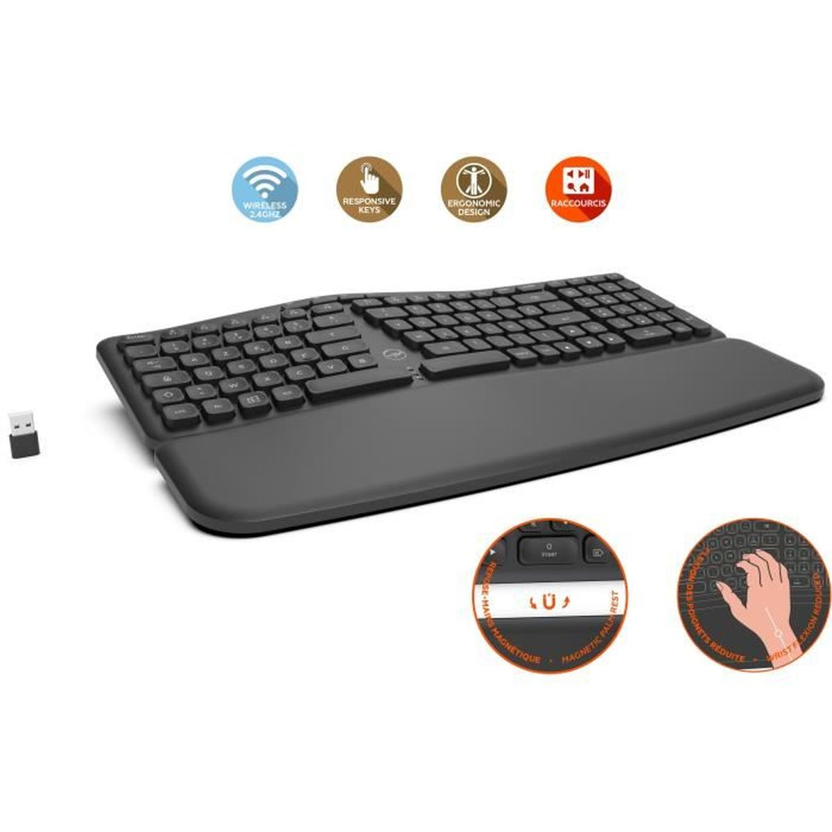 Una tastiera ergonomica scura con poggiapolsi staccabile e un dongle USB.