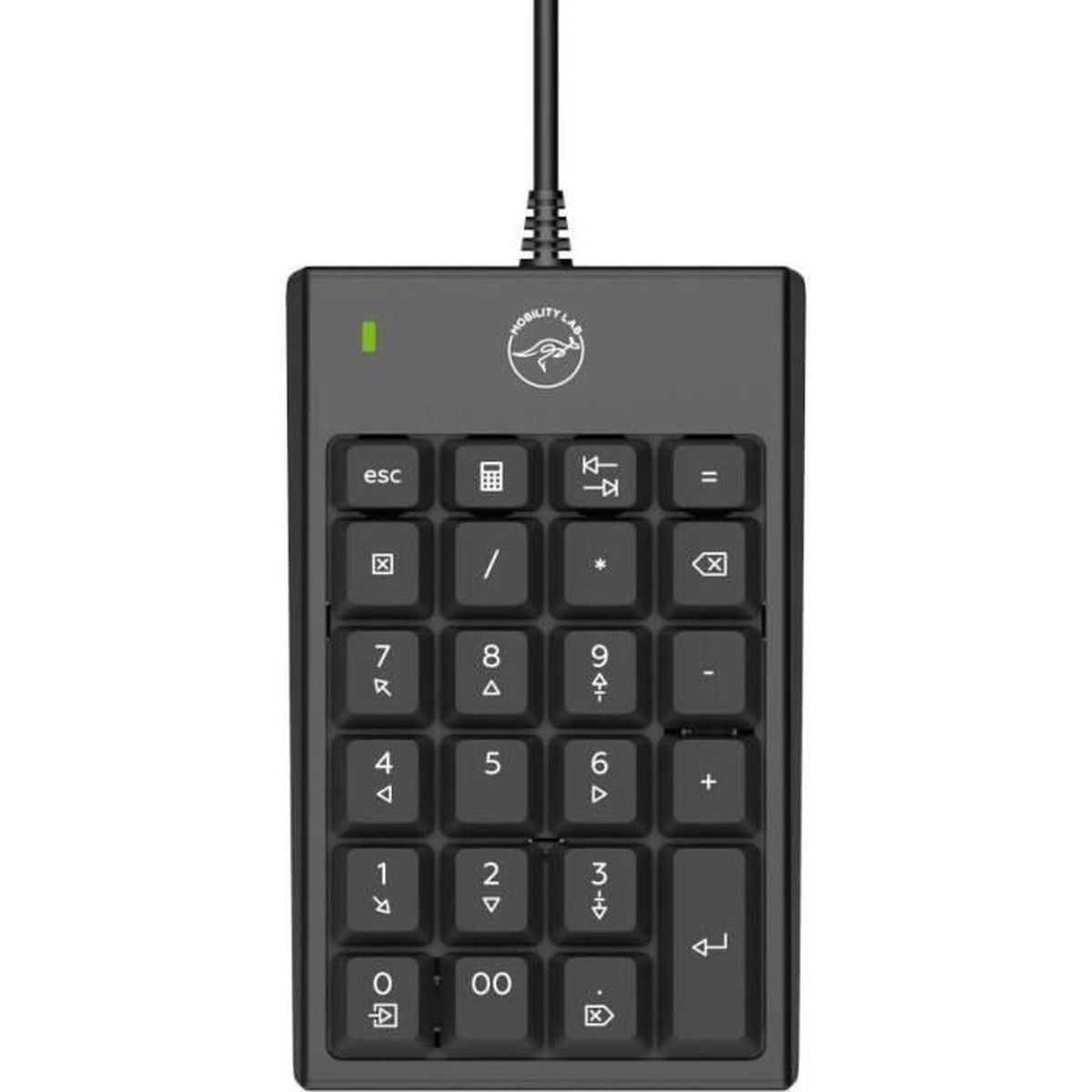 Een numeriek toetsenbord met een zwarte behuizing en witte toetsen met cijfers en symbolen.