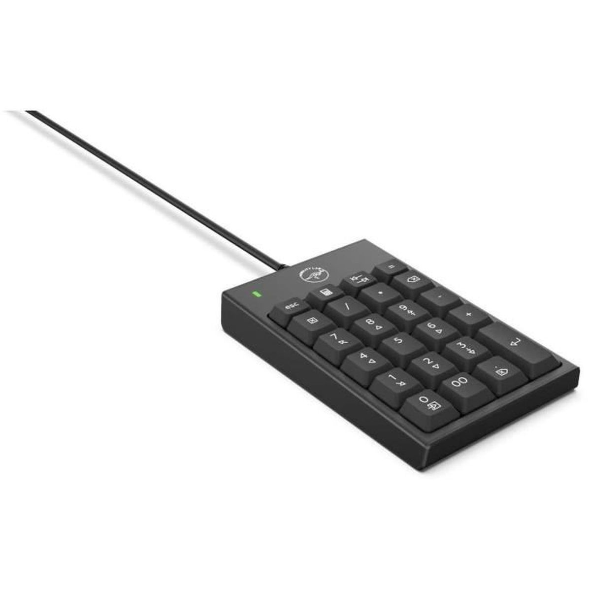 Zwart numeriek toetsenbord met een aangesloten zwarte kabel. Toetsen met nummers en symbolen.