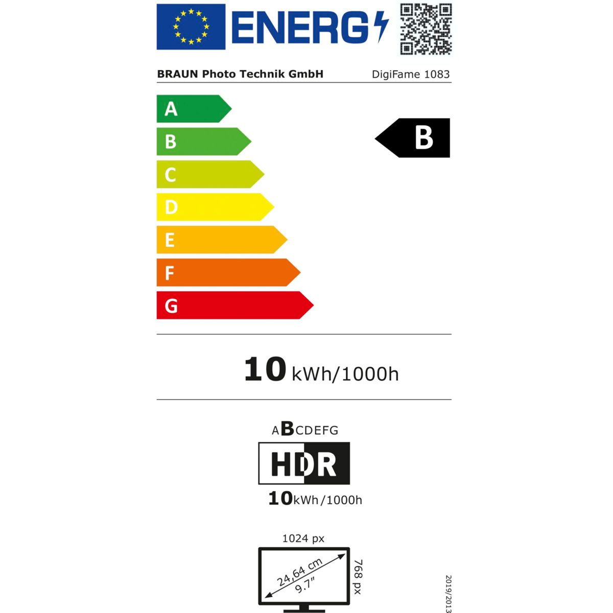 Energielabel für ein Display. Zeigt Energieeffizienzklassen A-G, Verbrauch und HDR-Details. Enthält Abmessungen und Auflösung.