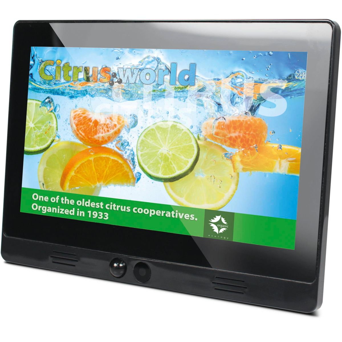 Ein schwarzes Digitaldisplay mit Zitrusfrüchten und Text. Ein schwarzer Rahmen umgibt es.