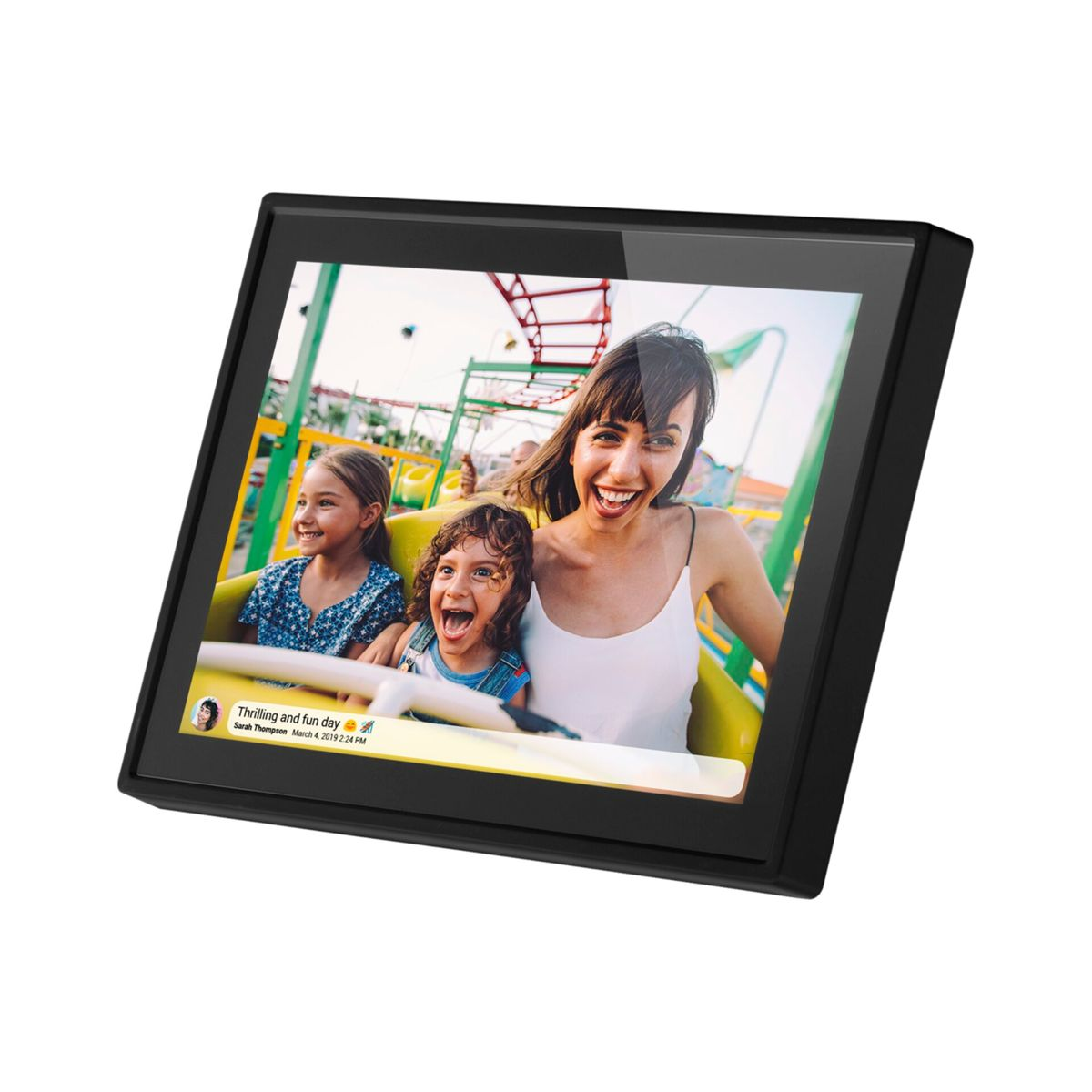 Digitaler Bilderrahmen mit Foto von Personen auf einer Achterbahn, in schwarzem Rahmen.