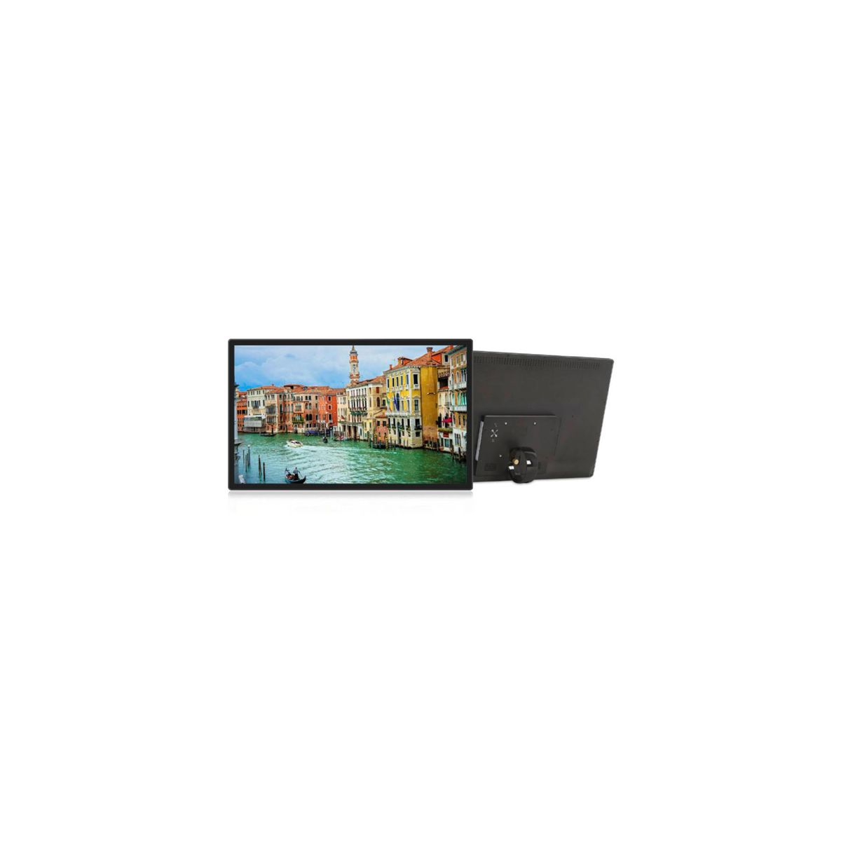 Digitaler Bilderrahmen mit Landschaft, Gebäuden und Wasser. Weißer Hintergrund.