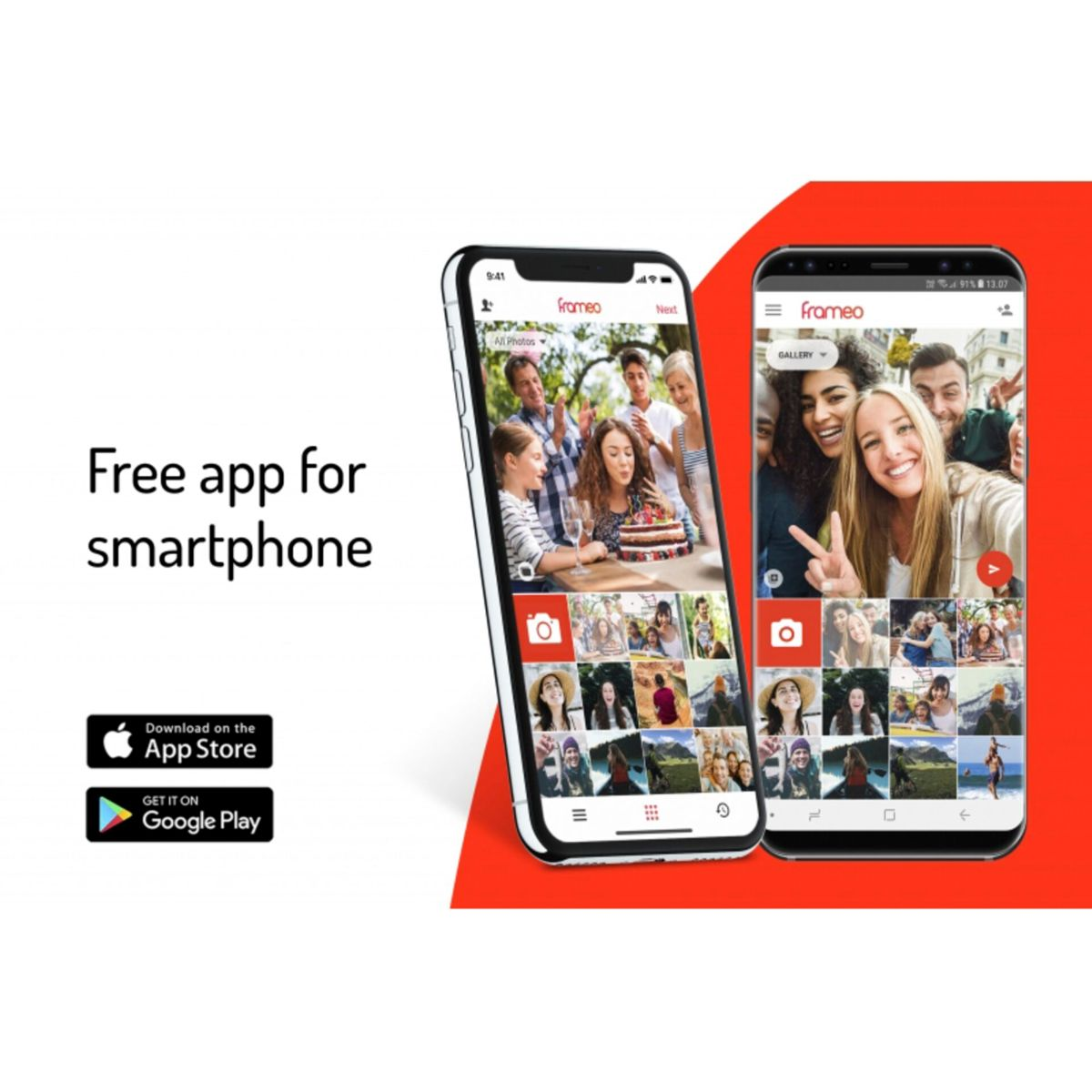 Zwei Smartphones zeigen eine Foto-App-Oberfläche. Roter und weißer Hintergrund. App-Store-Symbole.