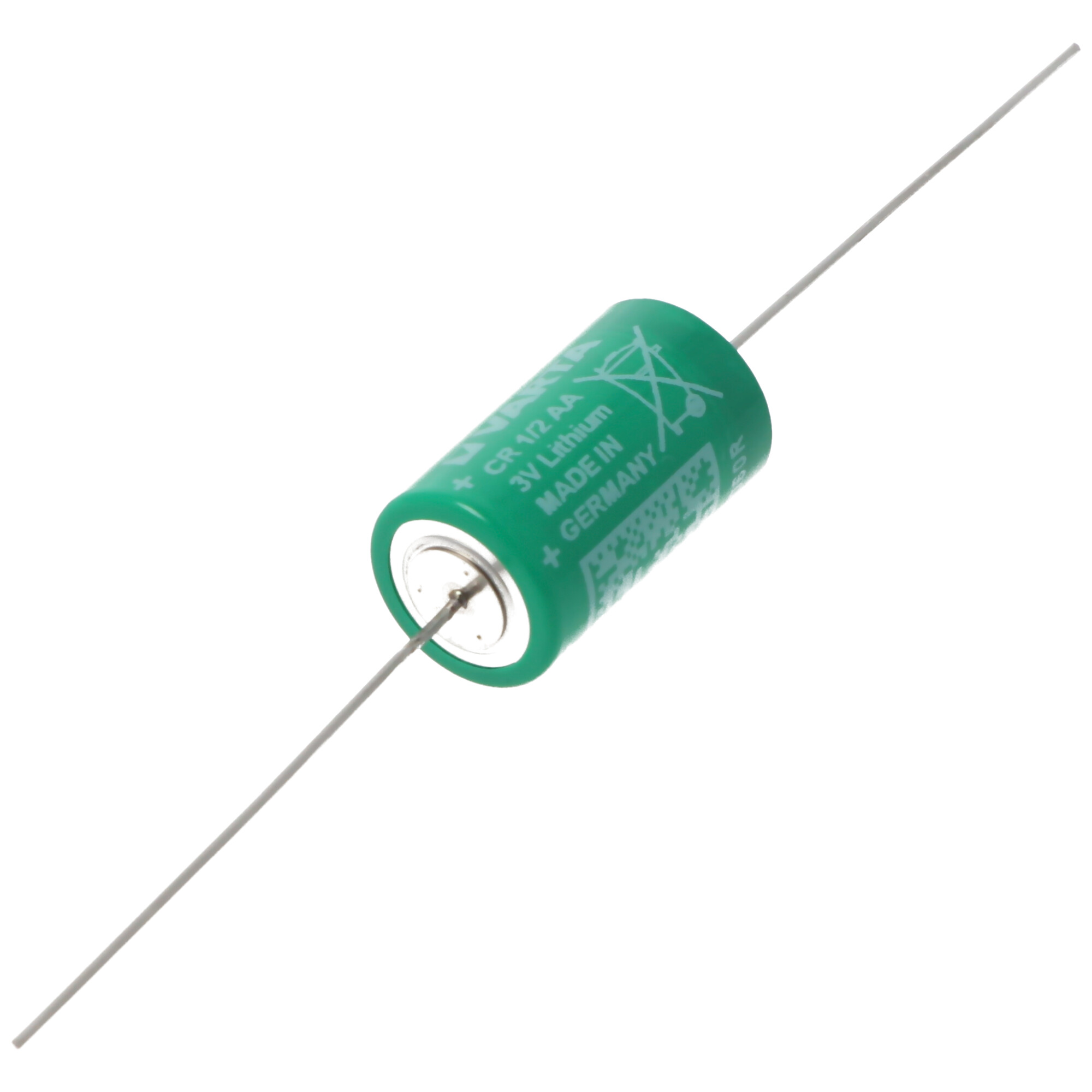 Eine grüne zylindrische Batterie mit zwei silbernen Drähten, die sich von beiden Enden erstrecken.