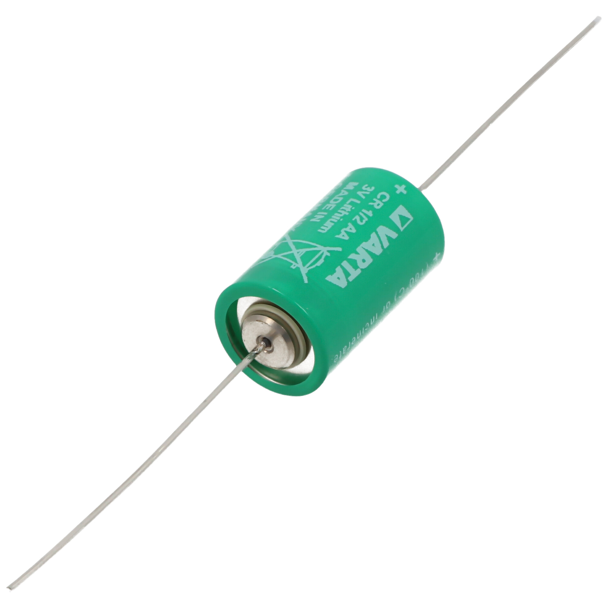 Grüne Varta-Batterie mit silbernen Drähten. Die Batterie ist zylindrisch.