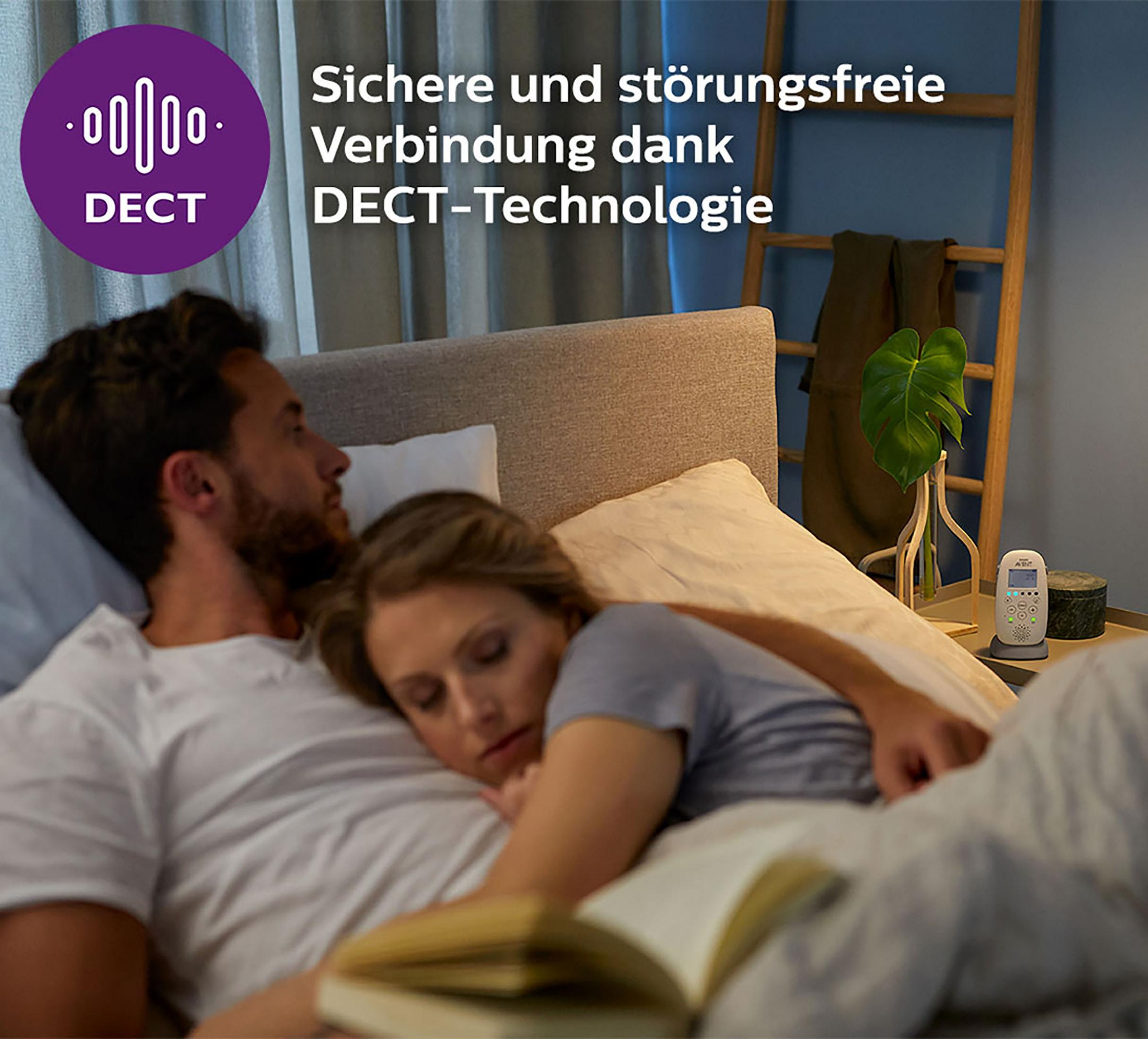 Paar im Bett, Babyphone auf dem Tisch. Text über DECT-Technologie und sichere Verbindung.