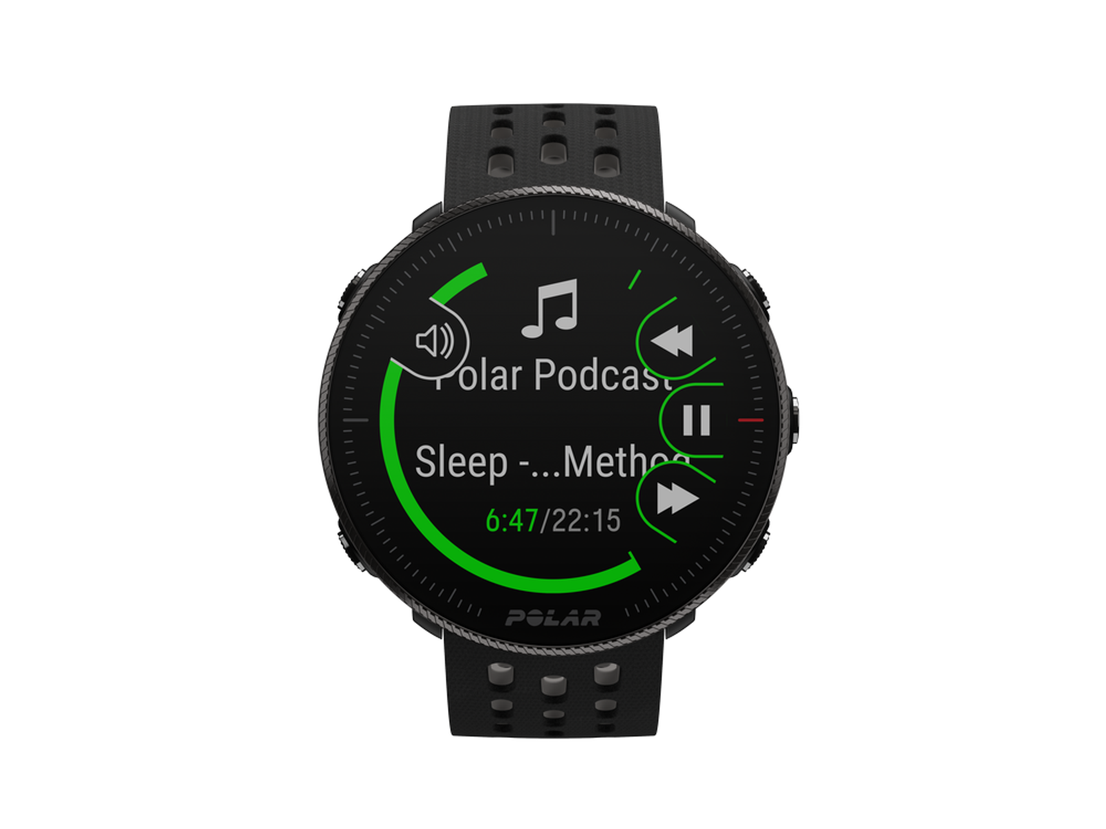 Schwarze Smartwatch mit Musiksteuerung. Das Display zeigt einen Polar-Podcast und Zeit. Schwarzes Armband.