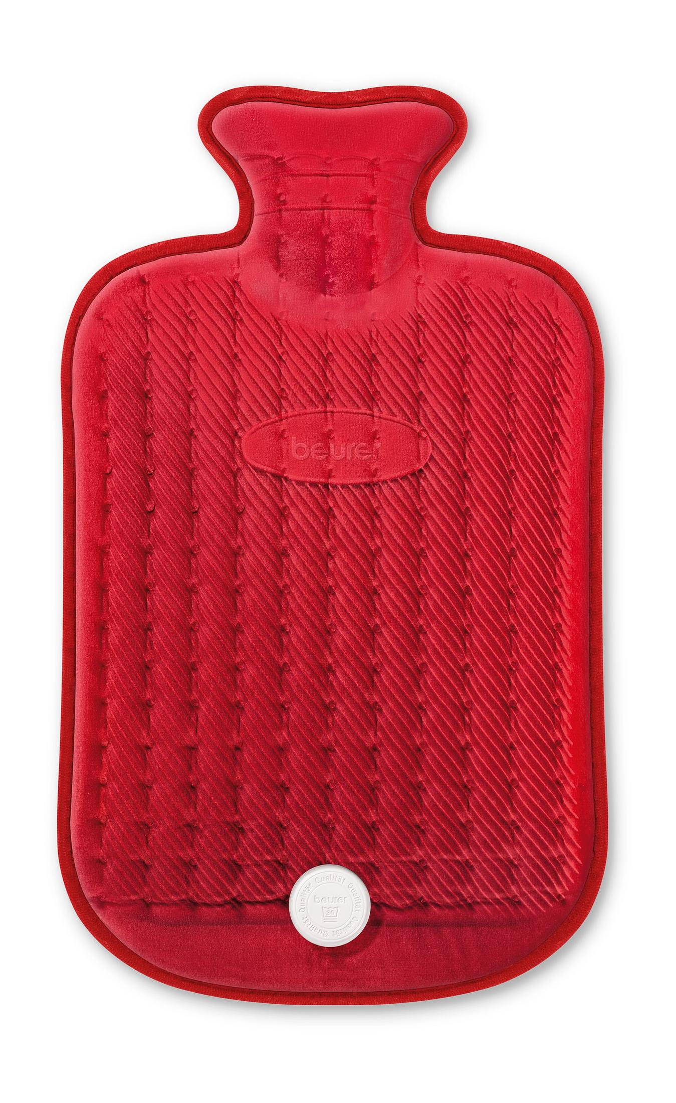 Rote Wärmflasche mit geripptem Design und weißem Sicherheitsverschluss.