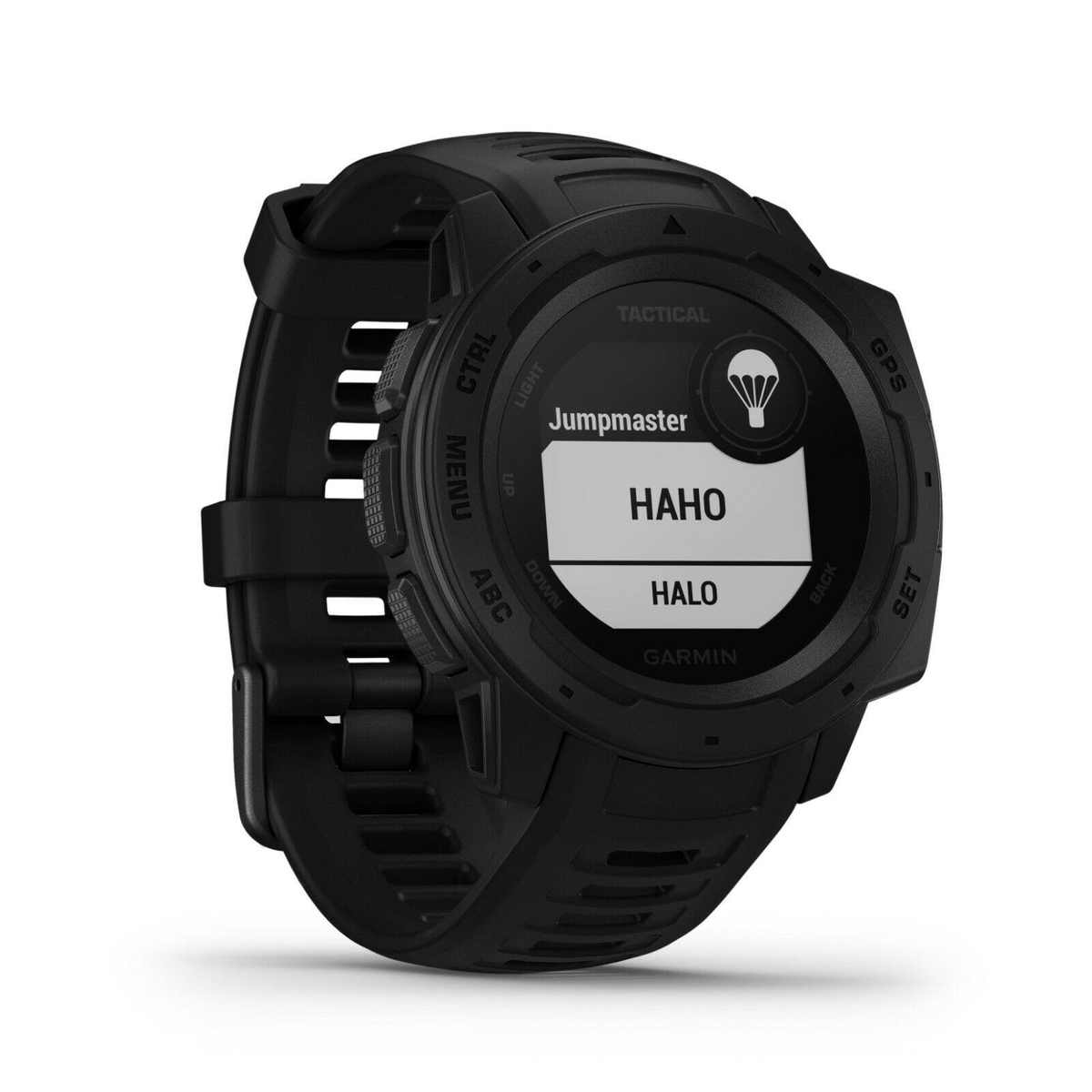 Orologio Garmin nero con display digitale che mostra testo e icone.